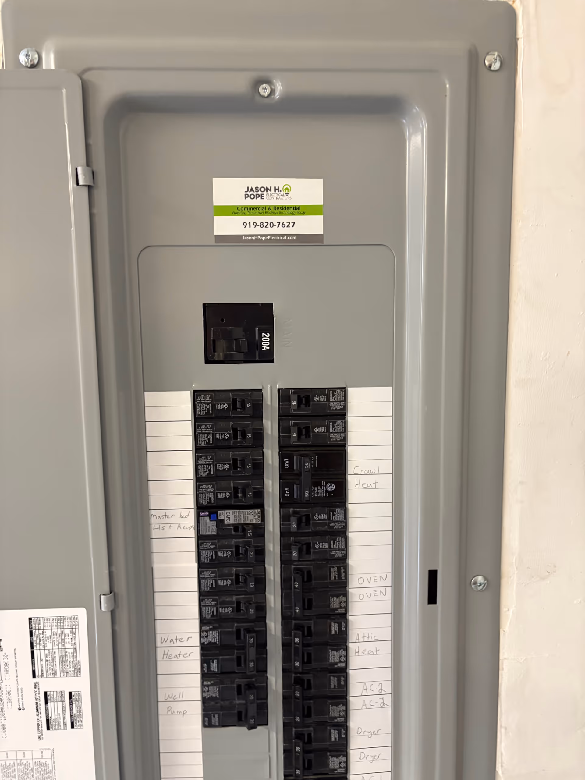 Interior view of a facility electrical panel with labeled breakers and handwritten notes.