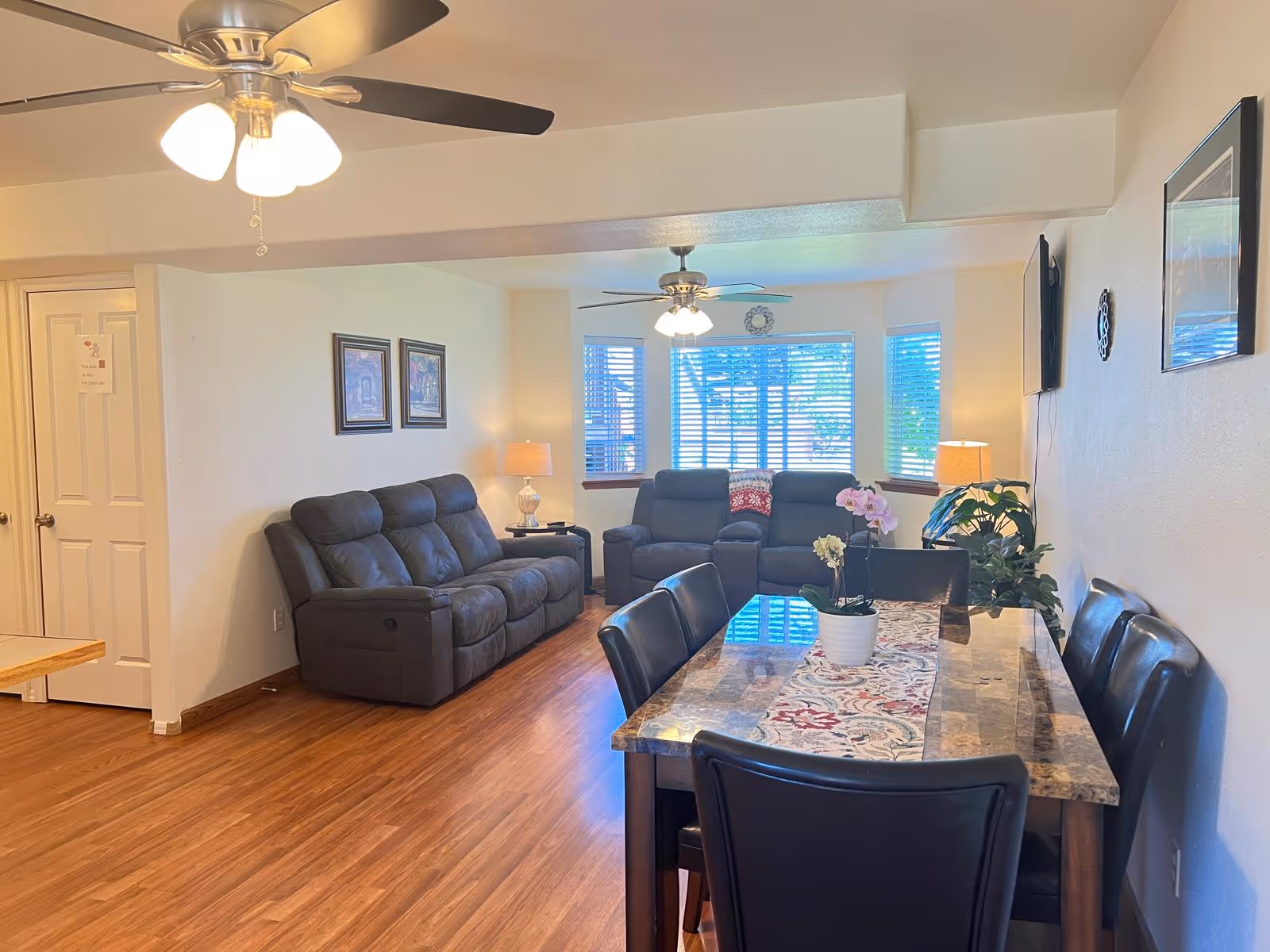 Bright living/dining area with sofas, a marble dining table, lamps, and potted plants.