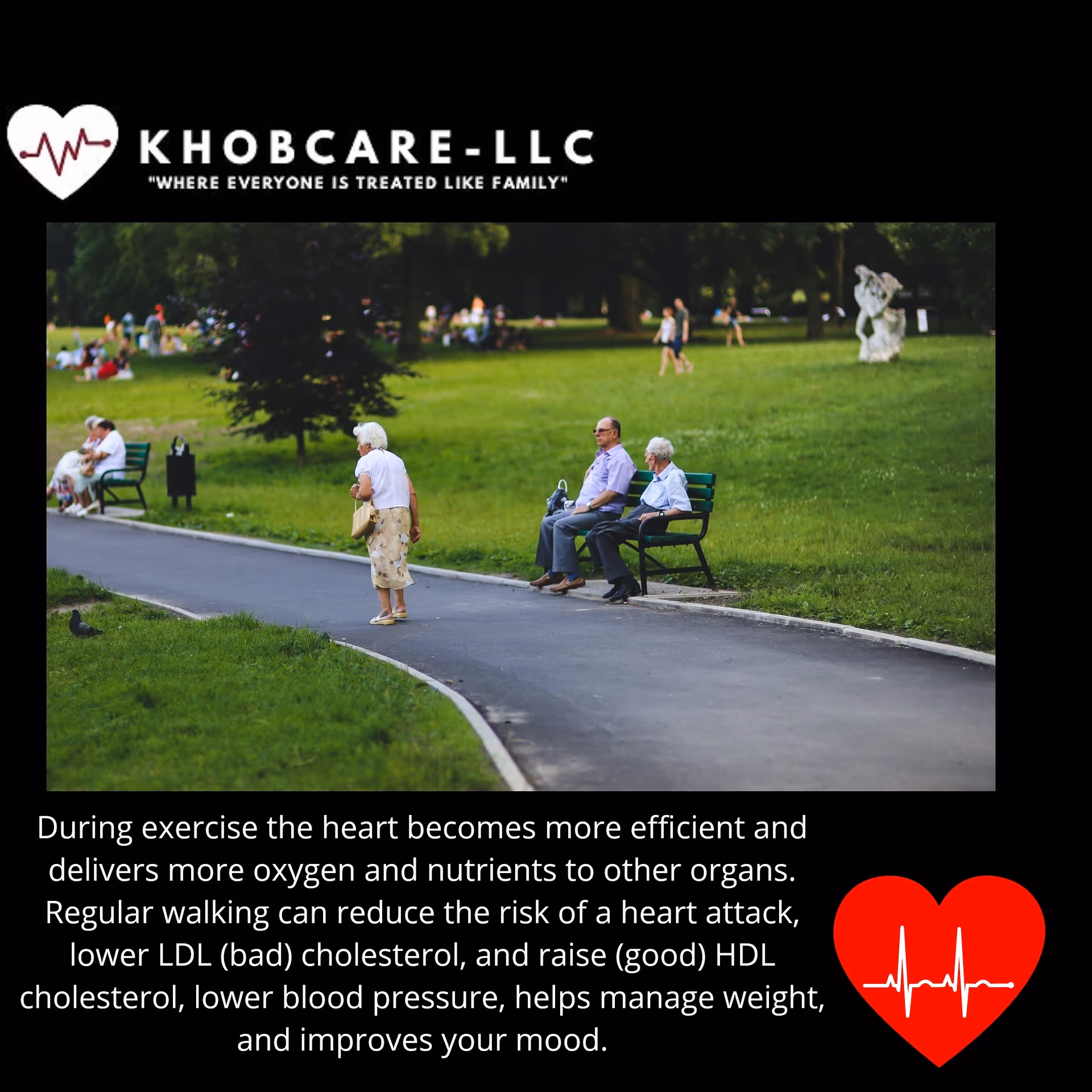Elderly people walk and sit on benches along a park path in a green space.