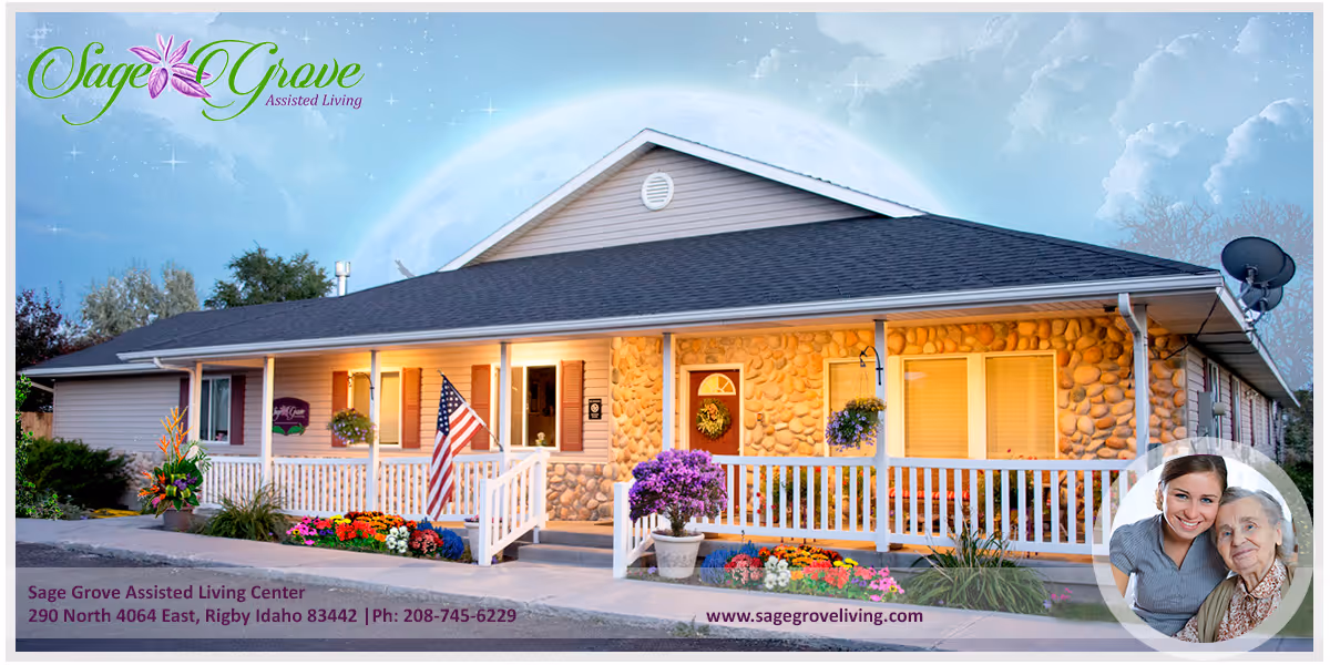 Front exterior of a single-story assisted living home with a covered porch, white railing, potted flowers, and an American flag, plus a logo and an inset photo of two women.