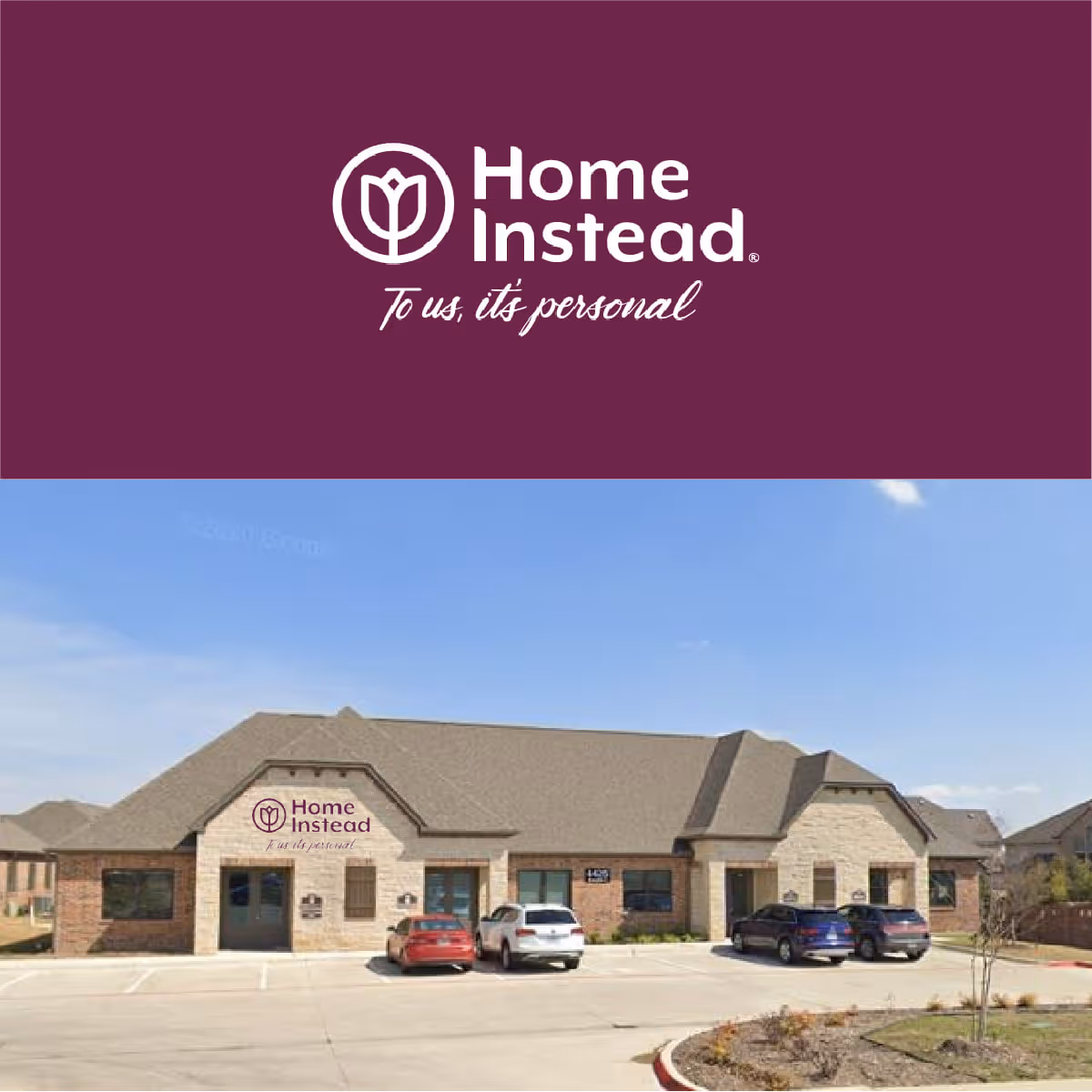 Front view of a single-story Home Instead building with its logo on the facade.