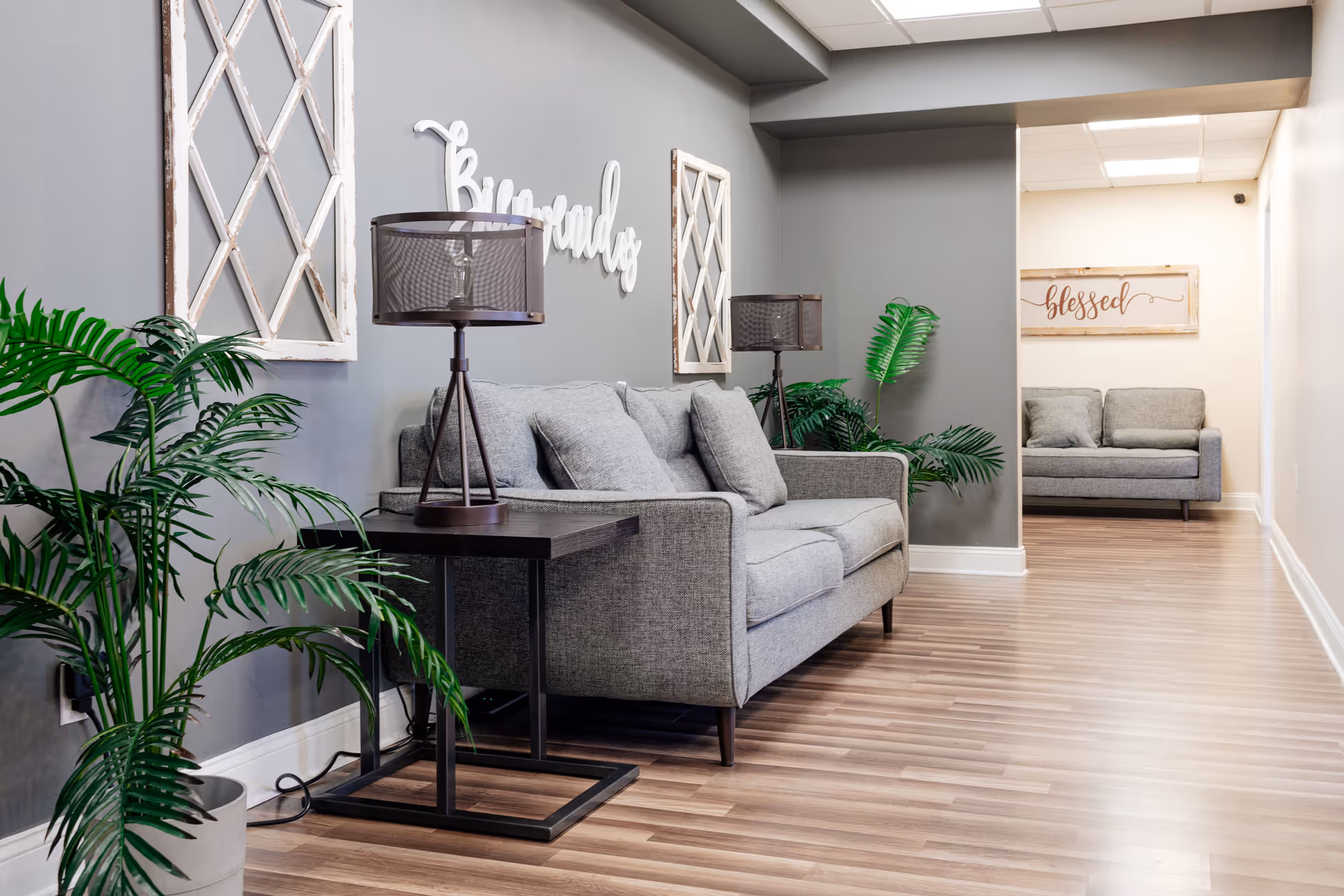 A modern gray lounge area with couches, lamps, plants, and decorative wall art.