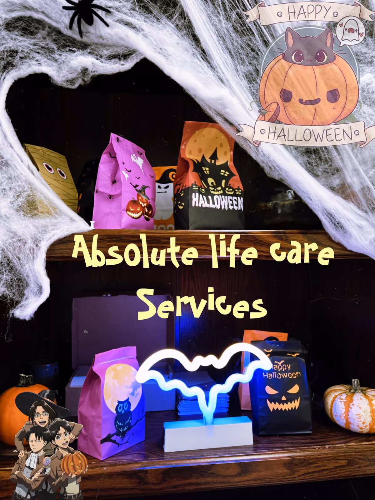Halloween display shows colorful gift bags and pumpkins on a wooden shelf.