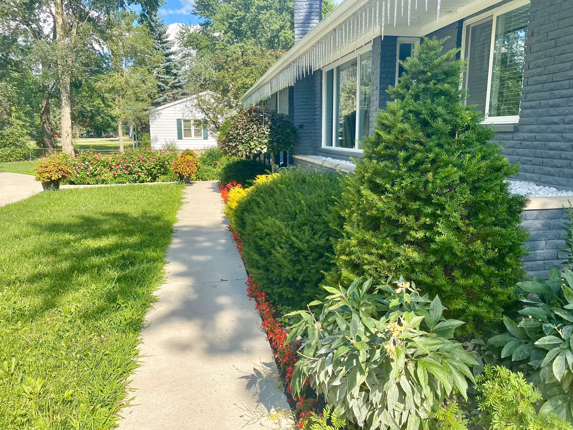 Exterior view of a senior living home with a walkway, landscaping, and icicles.