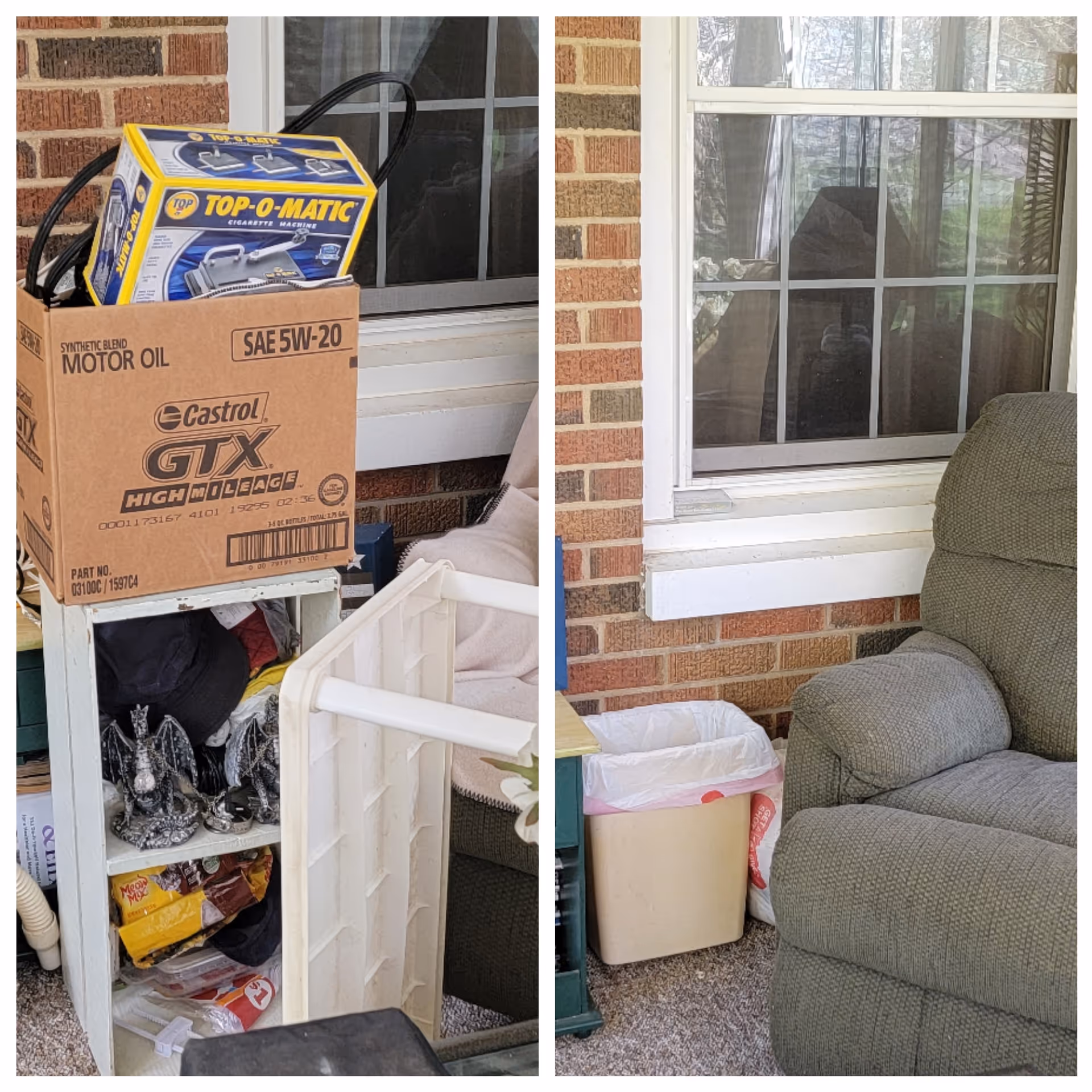 Cluttered outdoor porch area with brick wall, window, stacked boxes, and a green recliner.