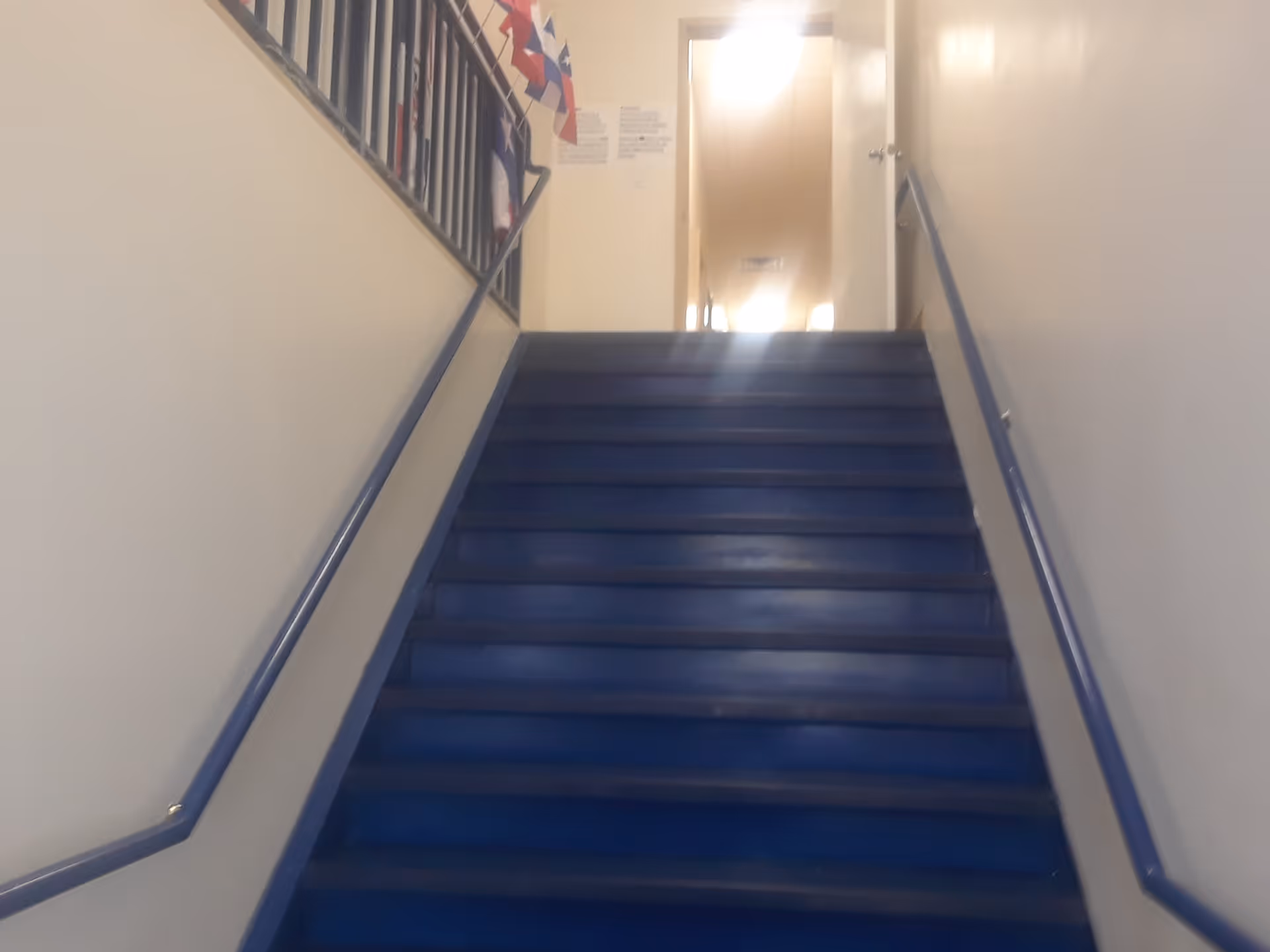 Interior stairwell with blue steps, metal handrails, and a bright doorway at top
