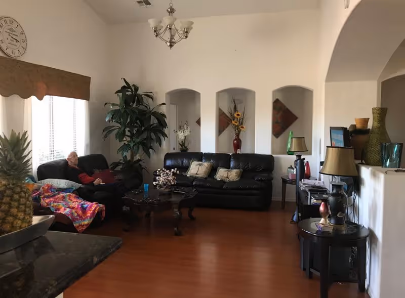 Living room with black leather sofas, a coffee table, decorative plants, lamps and a person reclining on the left couch.