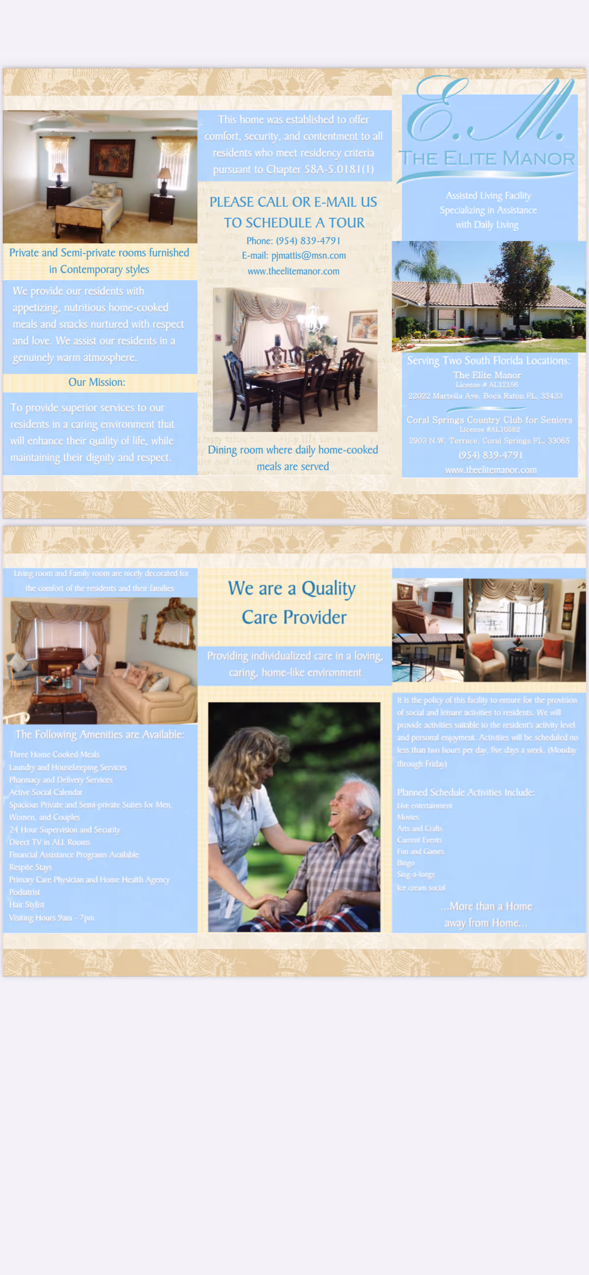 A multi-panel brochure for The Elite Manor showing interior rooms and staff with residents.