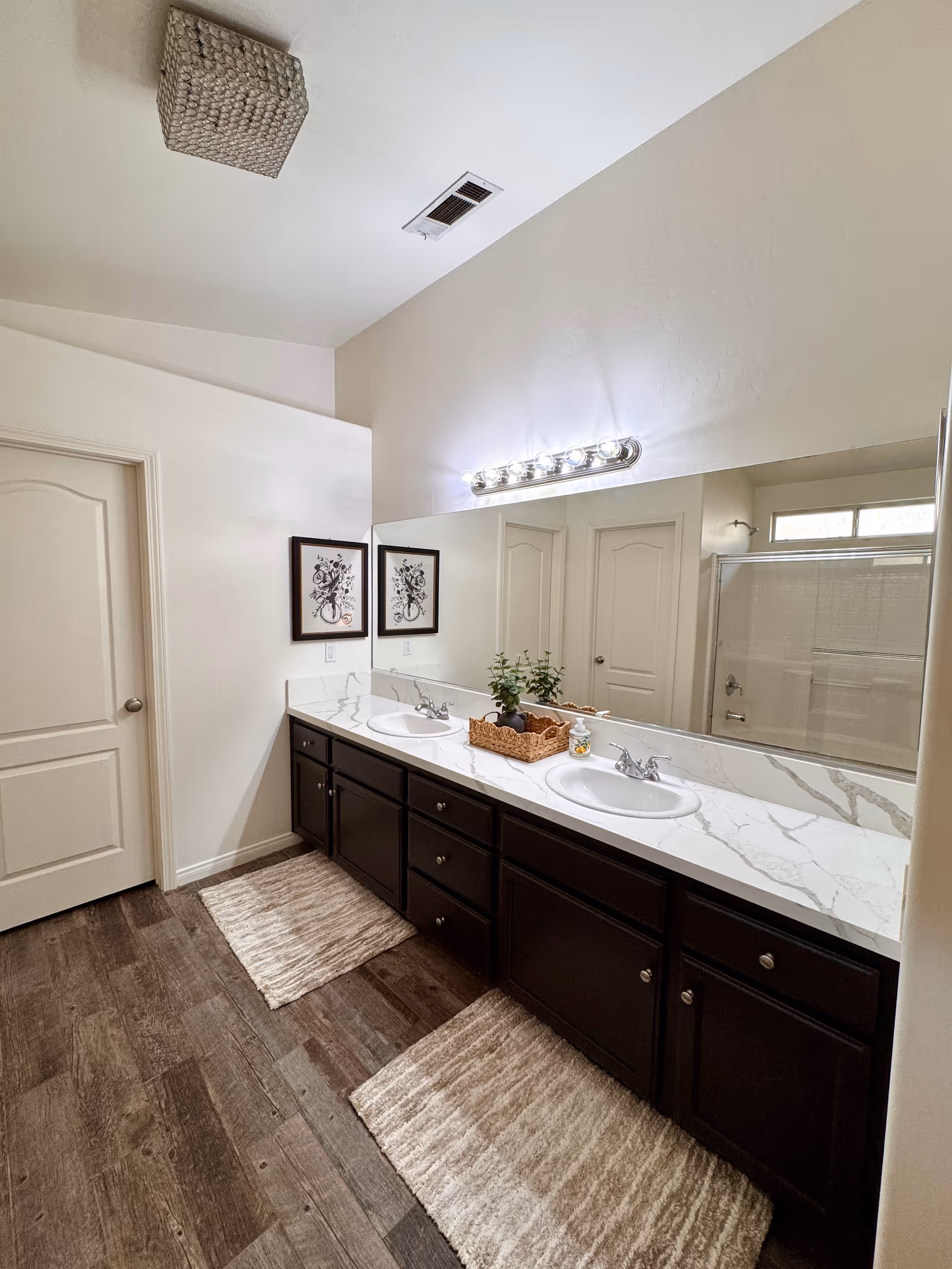A double-sink bathroom vanity with marble countertops, dark cabinets, two rugs, and a large mirror.