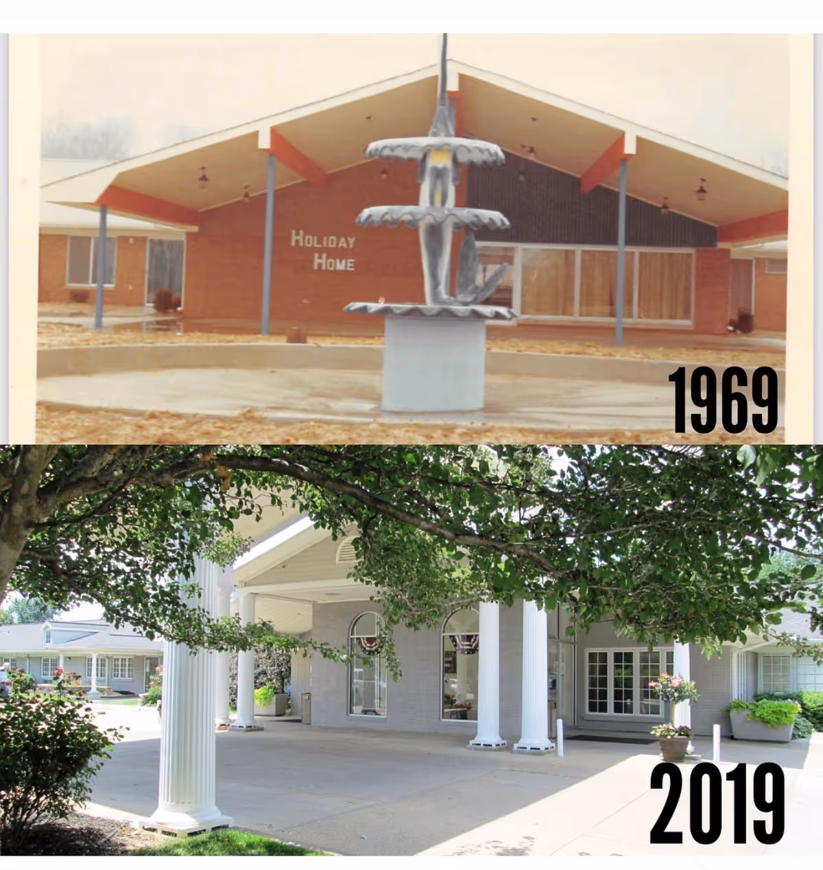 Two images showing the exterior entrance of a senior living facility named Heritage Center. The top image from 1969 shows a mid-century modern building with a flat roof, brick walls, and a three-tiered fountain in front. The bottom image from 2019 shows a more updated entrance with white columns, a covered driveway, and greenery including trees and potted plants.