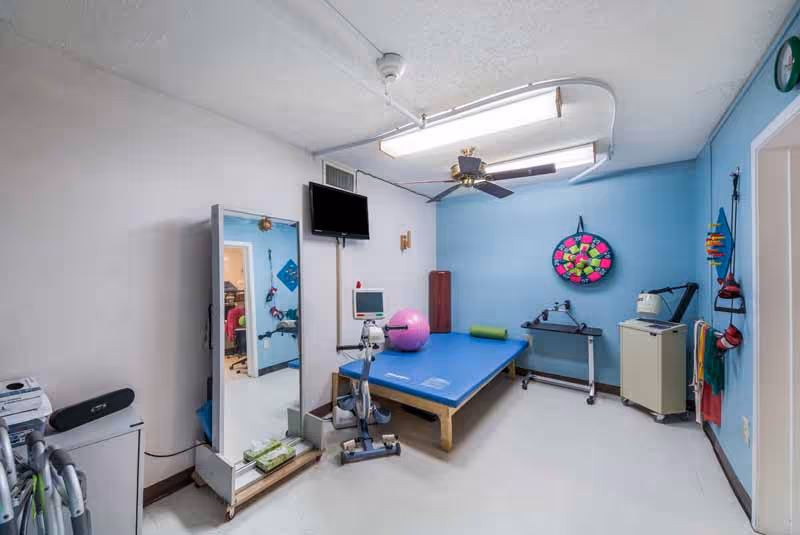 Rehabilitation therapy room with blue mat, mirror, exercise gear, and monitor equipment.
