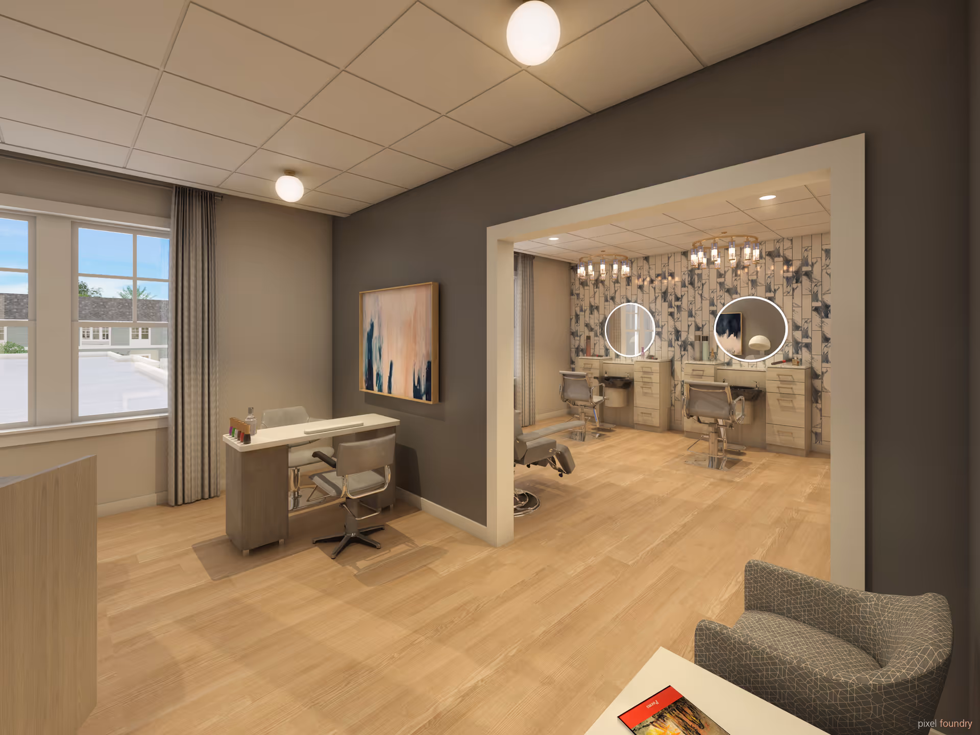 Interior view of a modern senior living salon with chairs, mirrors, and a reception desk.