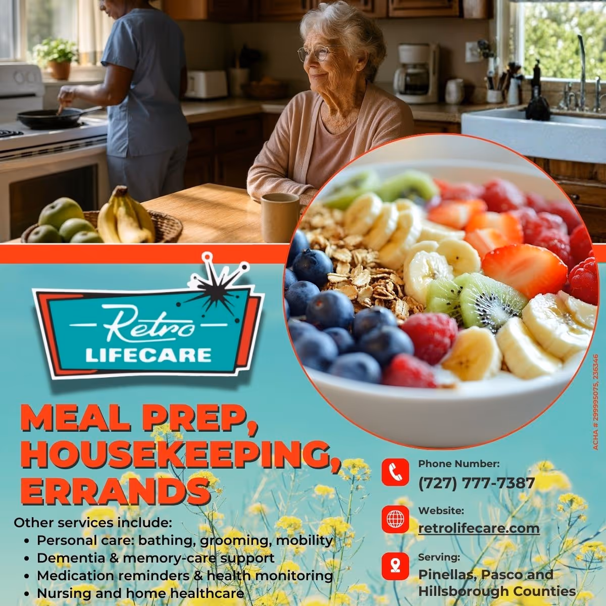 An elderly woman sits at a kitchen table; a caregiver cooks nearby, foreground fruit bowl overlay.