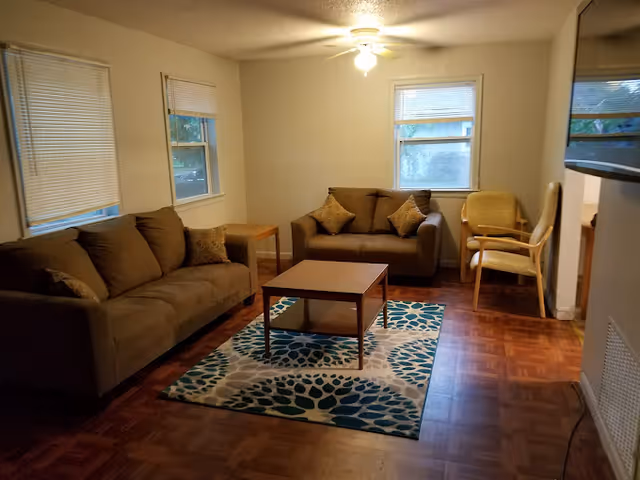A cozy living room with two brown sofas, each with decorative pillows, a wooden coffee table on a patterned rug, two wooden chairs with cushions, three windows with blinds, and a ceiling fan with a light.