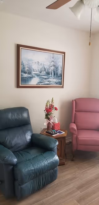 A cozy corner of a living room with a green leather recliner and a pink upholstered armchair separated by a wooden side table holding a vase of flowers, a tissue box, and some small items. A framed painting of a snowy mountain landscape hangs on the beige wall above the chairs. A ceiling fan with light fixtures is partially visible at the top.