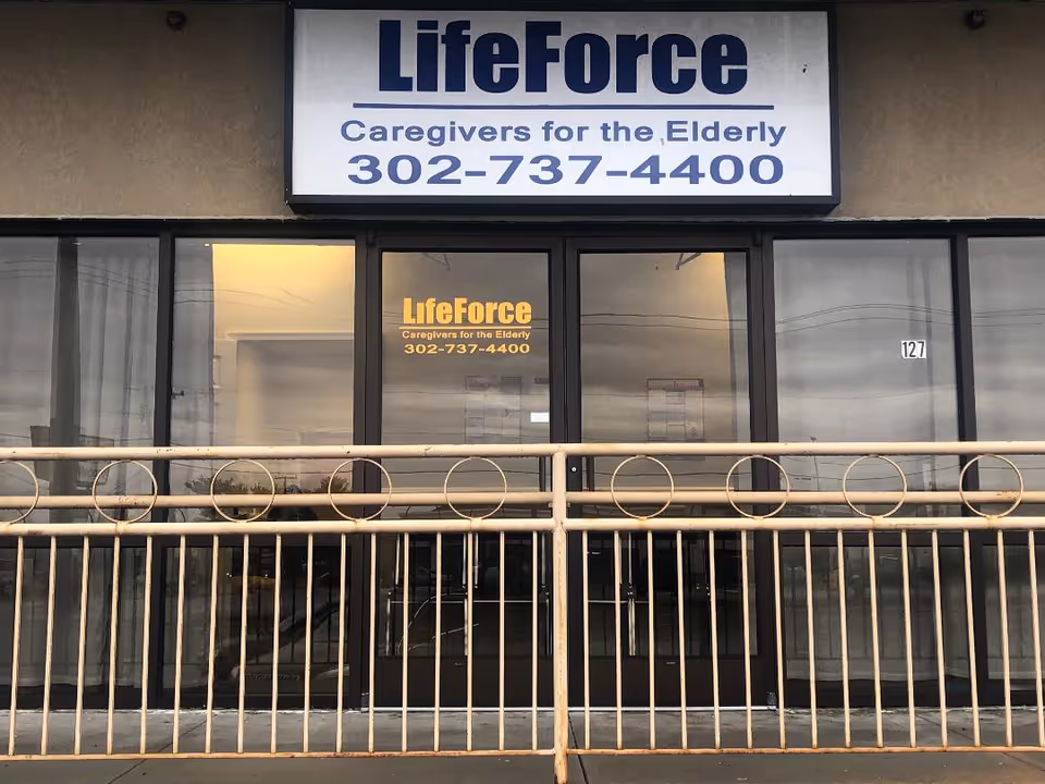Front view of LifeForce storefront sign and glass doors for caregivers.
