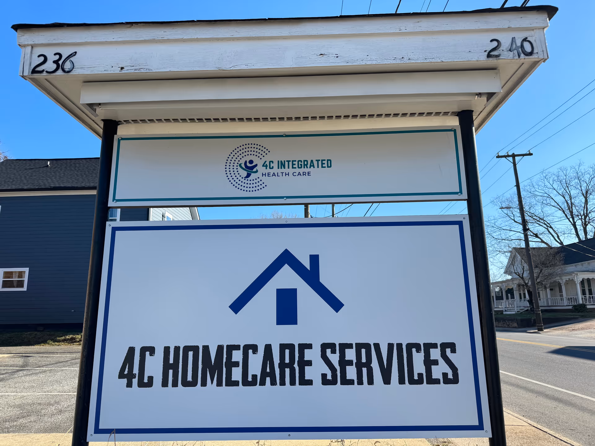 Outdoor signboard displaying 4C Home Care Services logo and 4C Integrated Health Care.