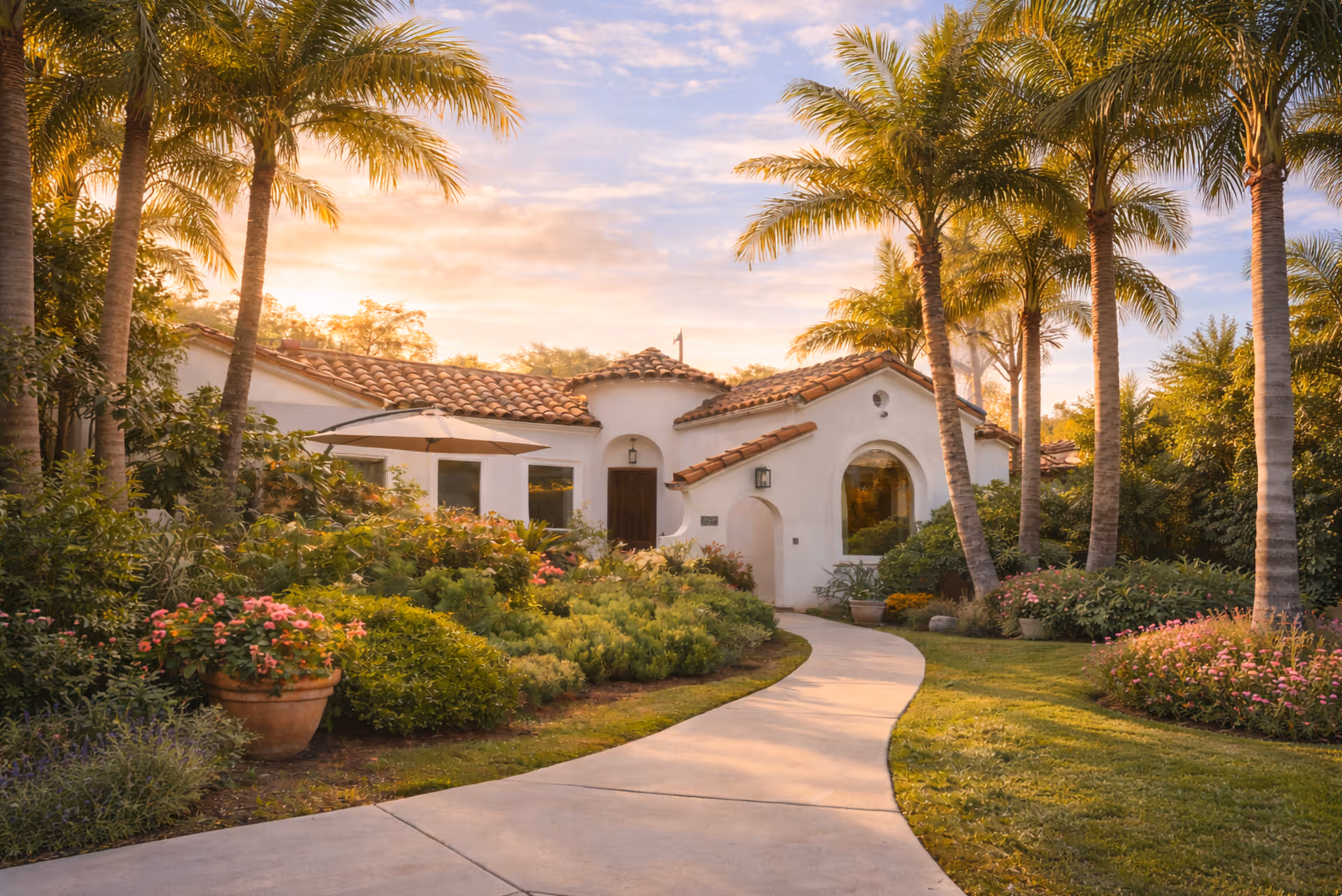White stucco building with a red-tiled roof, curved walkway, and lush tropical landscaping.