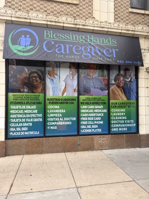 Exterior of Blessing Hands Caregiver storefront with banners featuring seniors