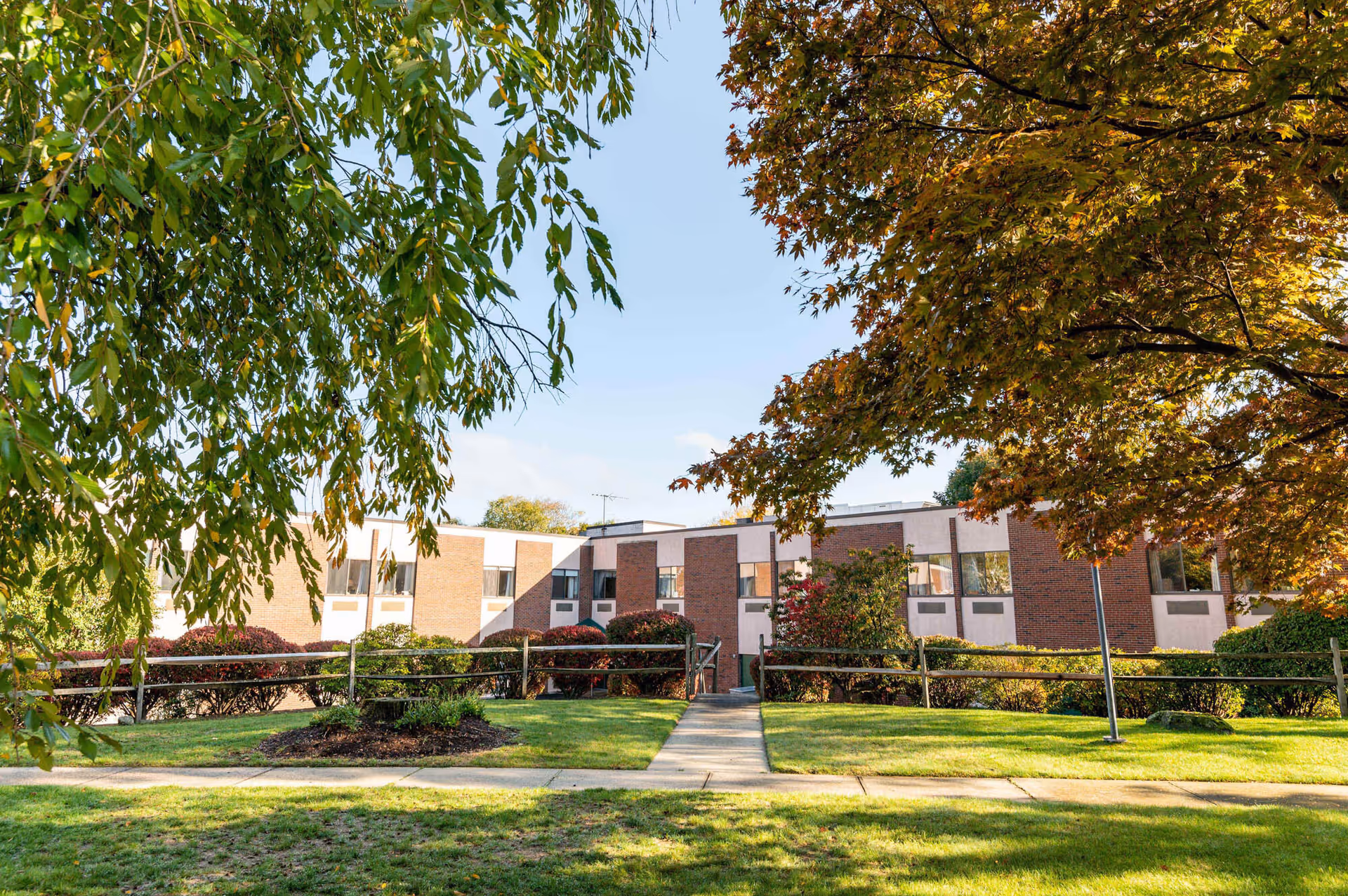 Exterior view of Bear Hill Nursing Center at Wakefield, framed by trees and a walkway.