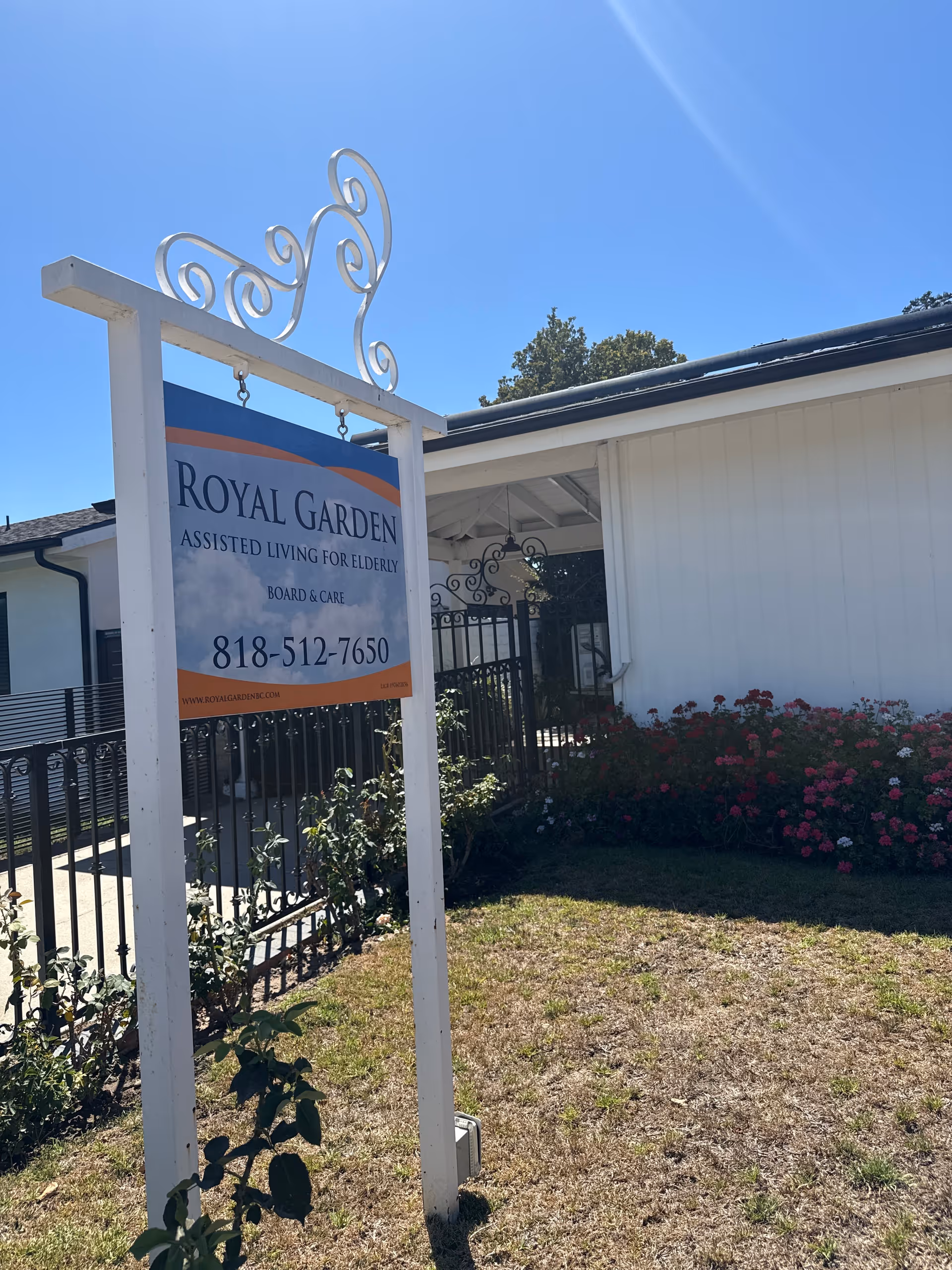 Sign for Royal Garden Assisted Living for Elderly located outside the facility.
