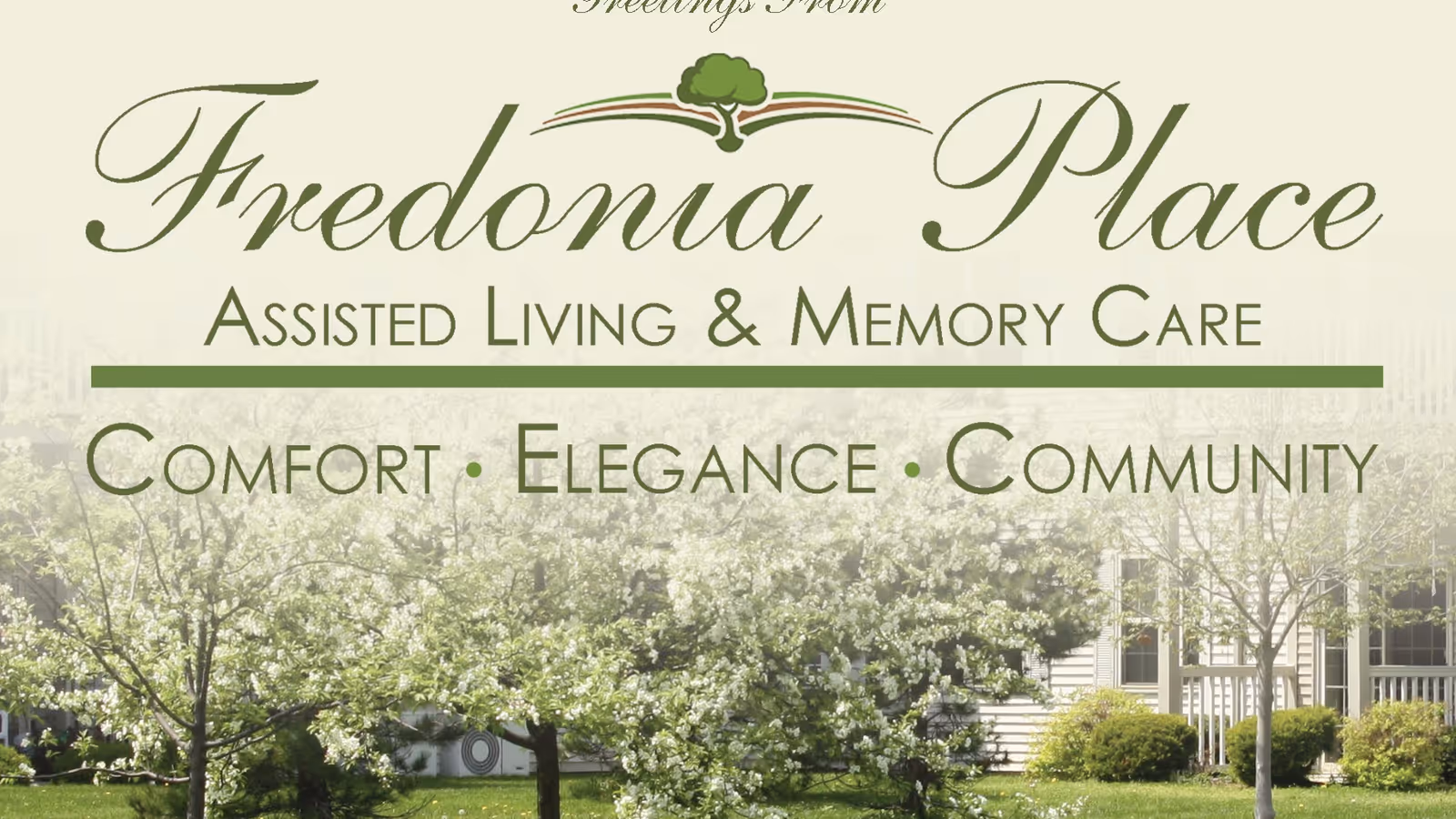 Exterior view of Fredonia Place assisted living building with trees and blooming shrubs in front