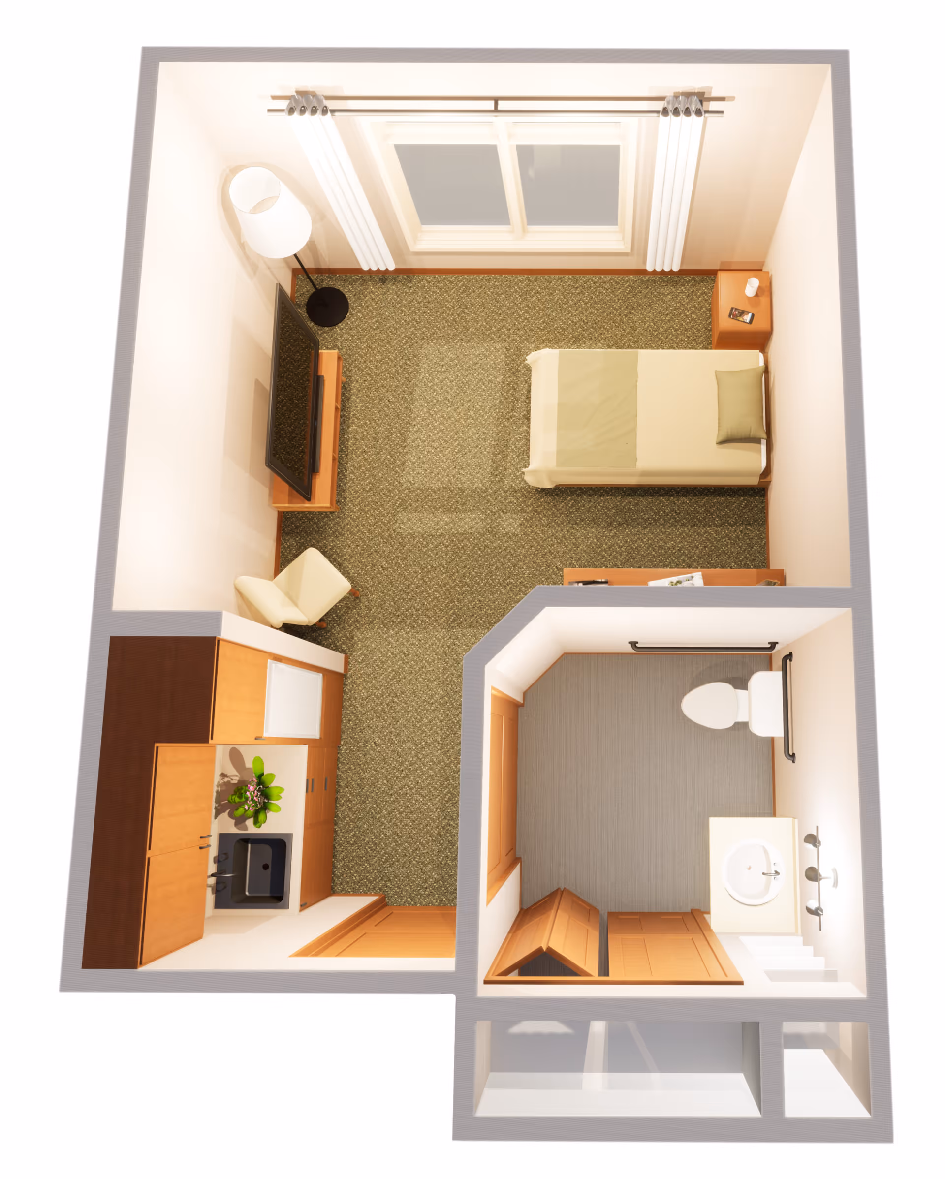 Top-down view of a small assisted living apartment featuring a single bed with a pillow and blanket, a nightstand with a lamp and phone, a TV on a stand, a chair, a kitchenette with a sink and cabinets, and an adjacent bathroom with a toilet, sink, and grab bars.