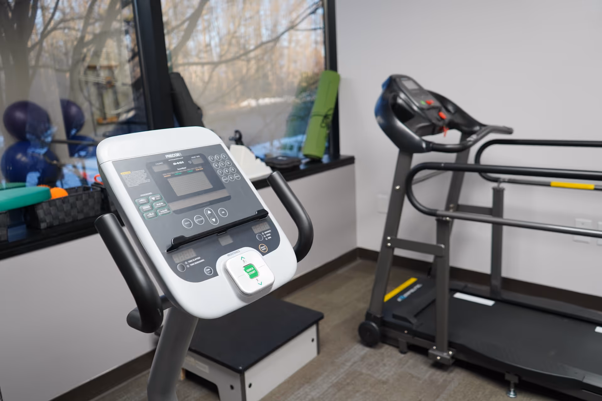 Indoor gym space with a treadmill and exercise equipment near a window.