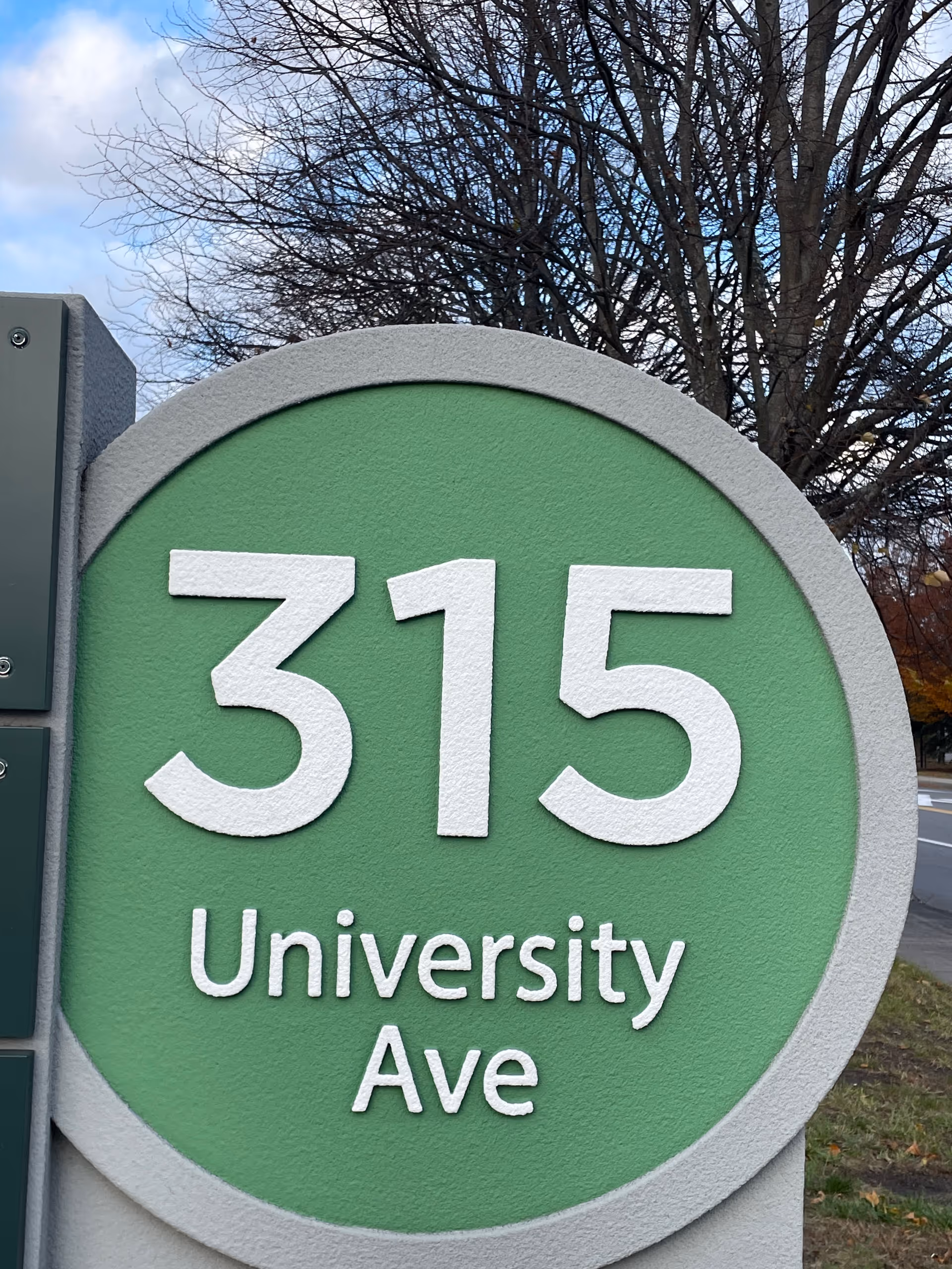 Green circular street sign displaying 315 University Ave against a tree-filled background.