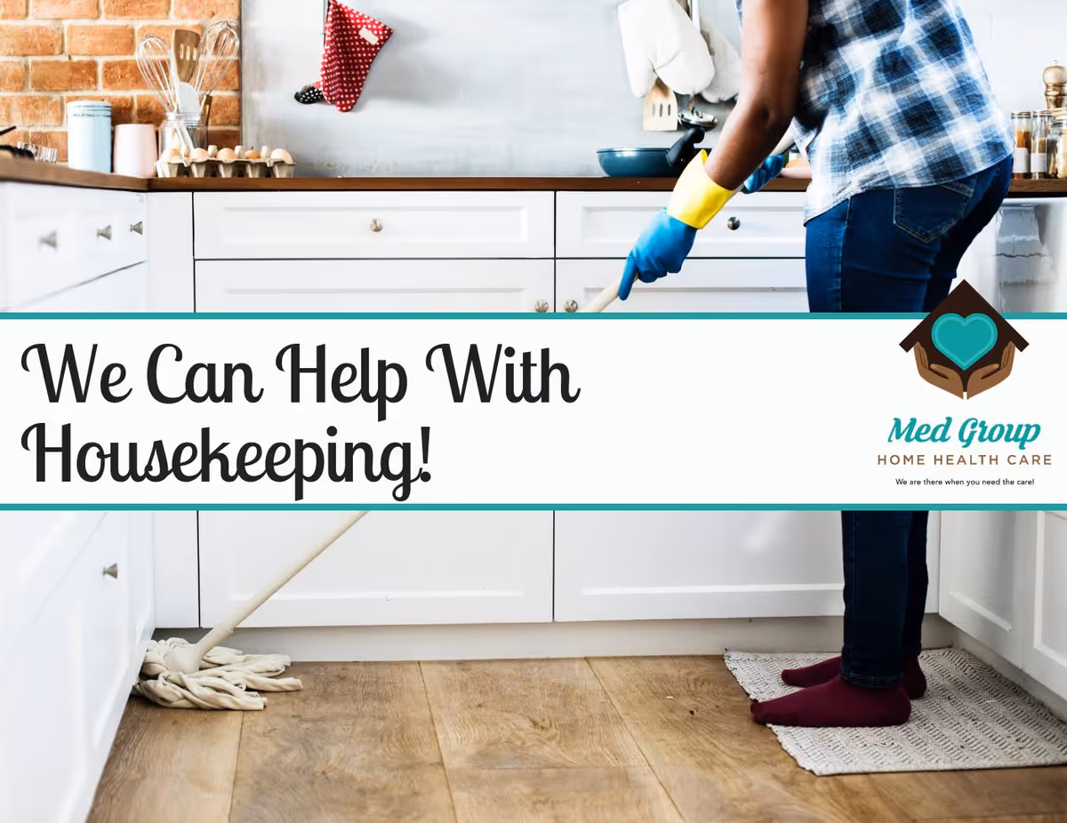 Caregiver cleans a kitchen floor with a mop; a housekeeping banner is visible.