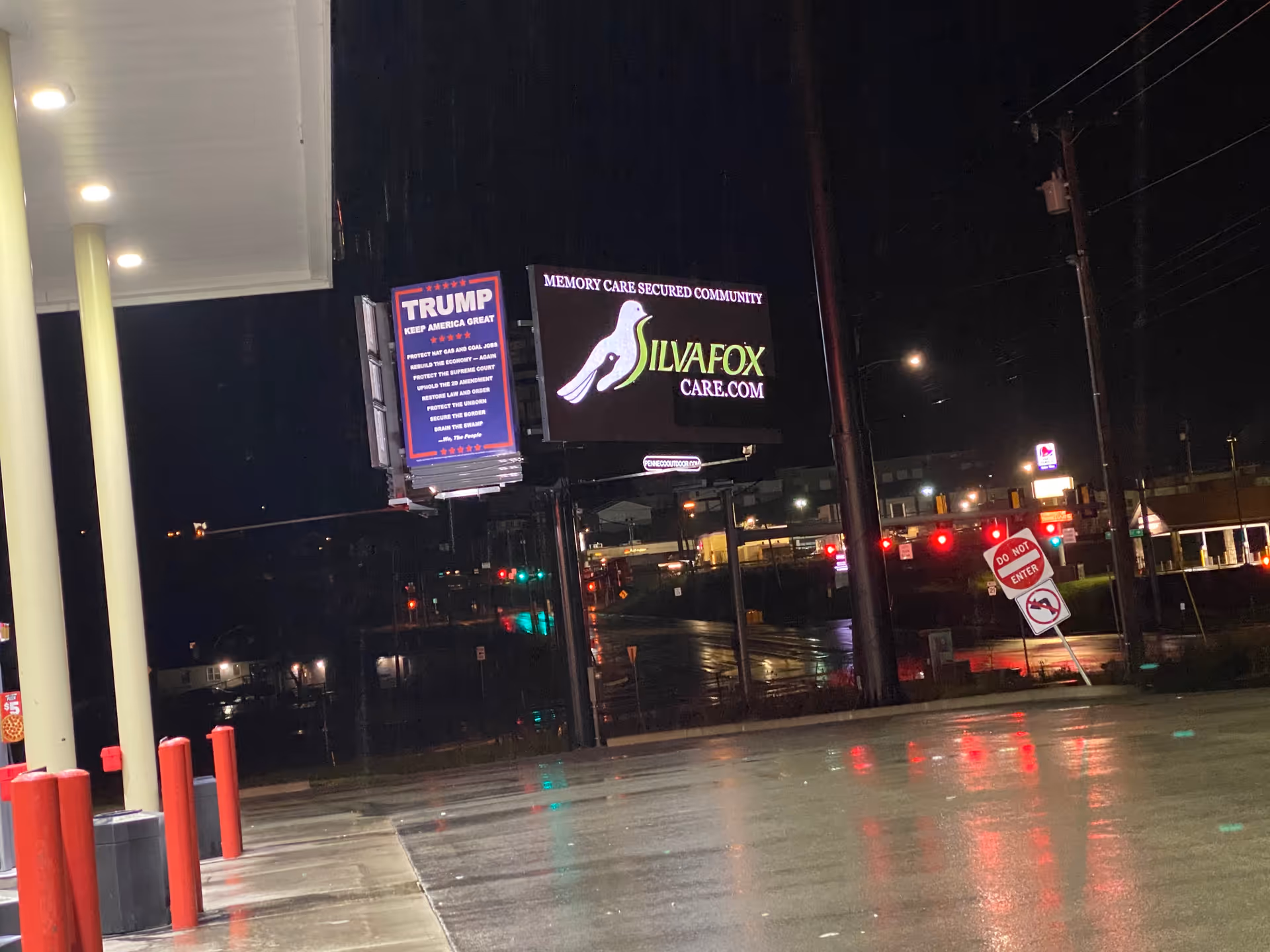 Nighttime exterior view of Silvafox care signage on a building front.
