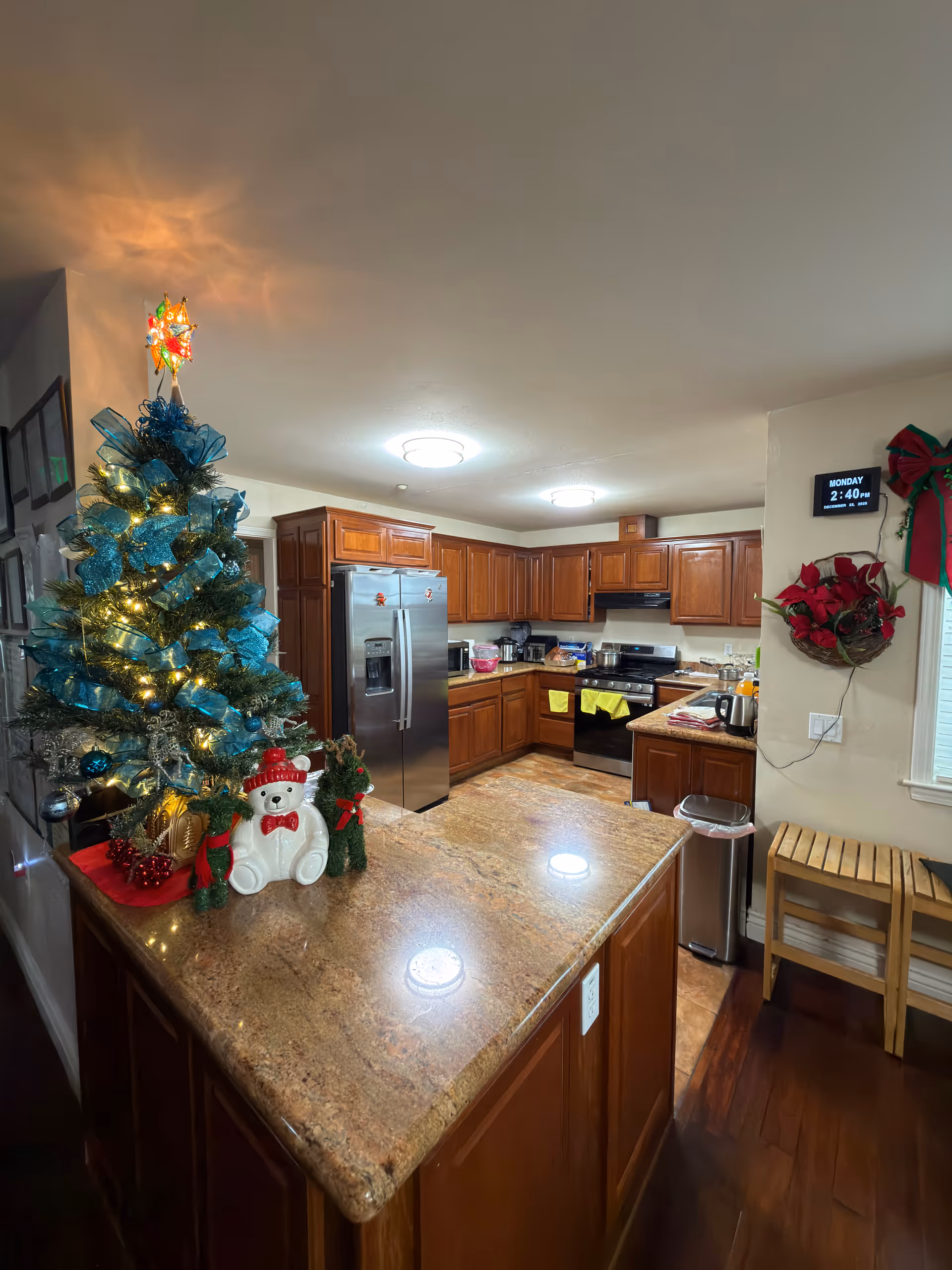 Penngrove Gardens kitchen with granite island, wooden cabinets, stainless appliances, Christmas decorations.