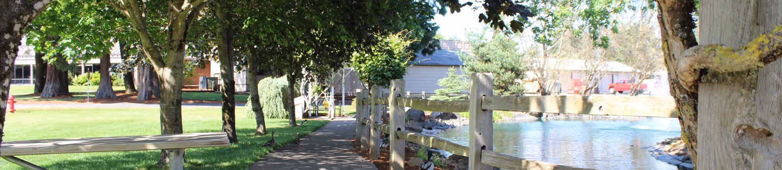 Tree-lined walkway with benches and a wooden fence beside a pond on the facility grounds.
