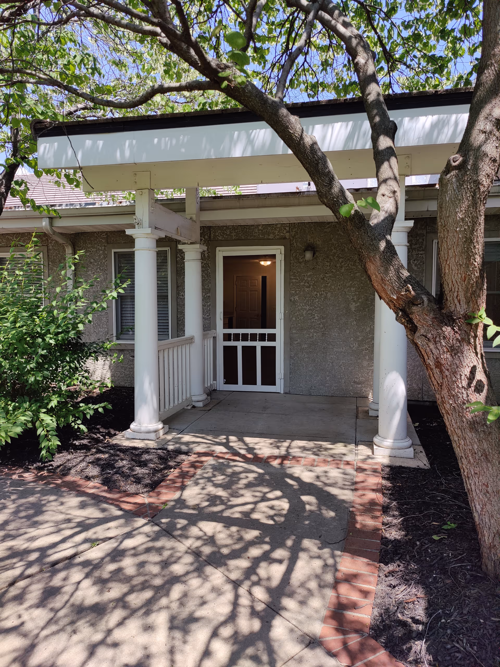 Exterior view of a front entrance with white columns, a porch, and tree shadows.