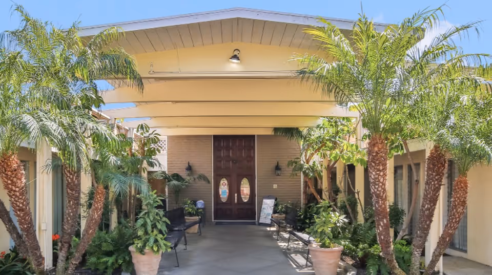 Covered outdoor entrance with palm trees, benches, and potted plants in a sunny courtyard.