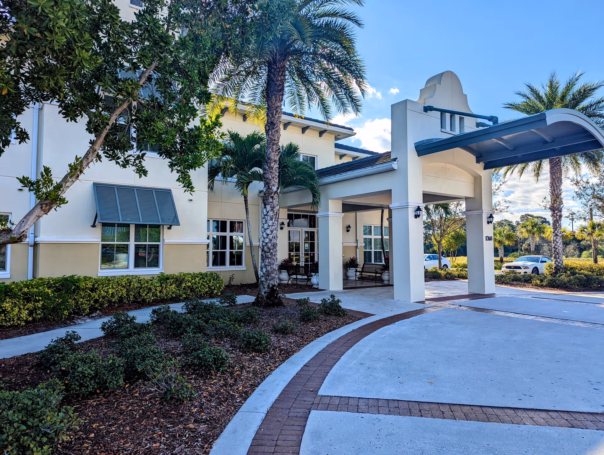 Exterior view of Bayshore Memory Care entrance with palm trees and curved walkway.