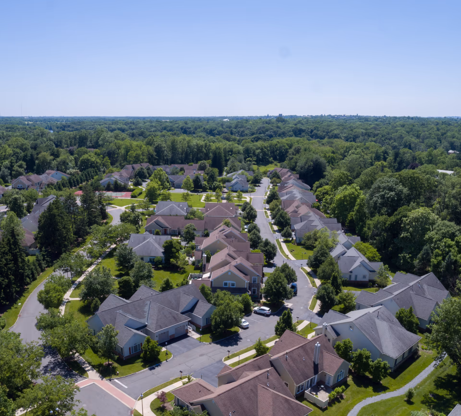 Aerial view of a suburban residential neighborhood with tree-lined streets and houses.