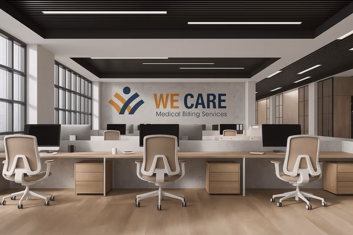 Modern office interior with desks, chairs, computers, and a WE CARE Medical Billing Services logo.