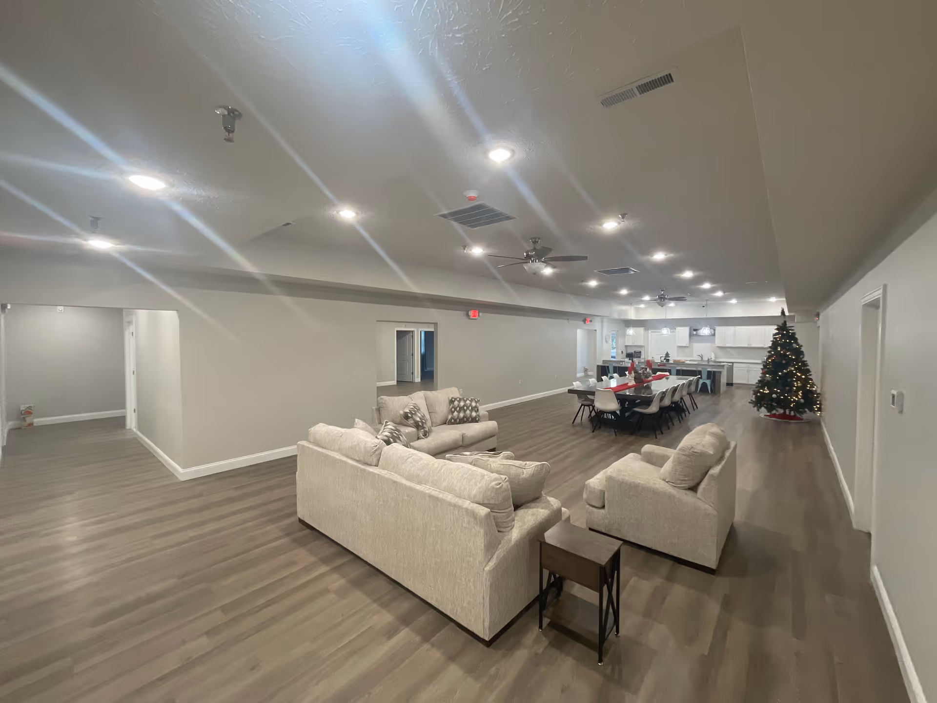 Open communal living area with beige sofas, a long dining table and kitchen in the background, and a decorated Christmas tree.
