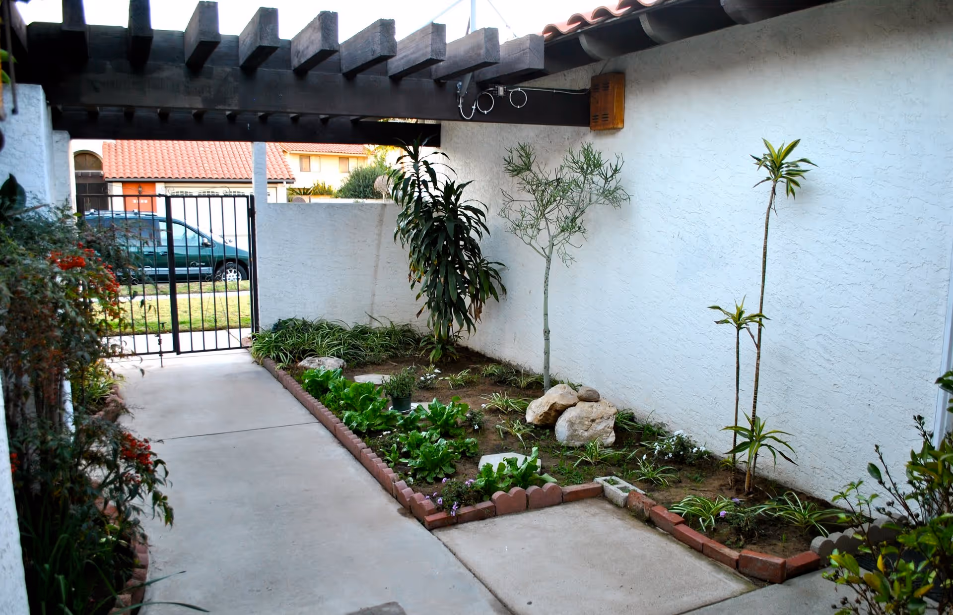 A small outdoor garden area with a concrete walkway, bordered by a low brick edging. The garden contains various plants and small trees, with a white stucco wall on one side and a black metal gate at the end of the walkway. There is a wooden pergola overhead and a tiled roof visible on the right side.