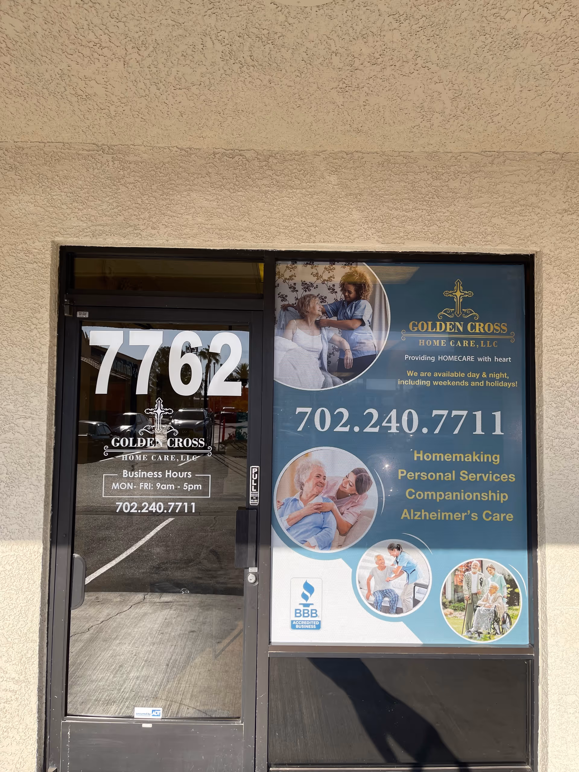 Entrance of Golden Cross Home Care front with large numbers and promotional signage.