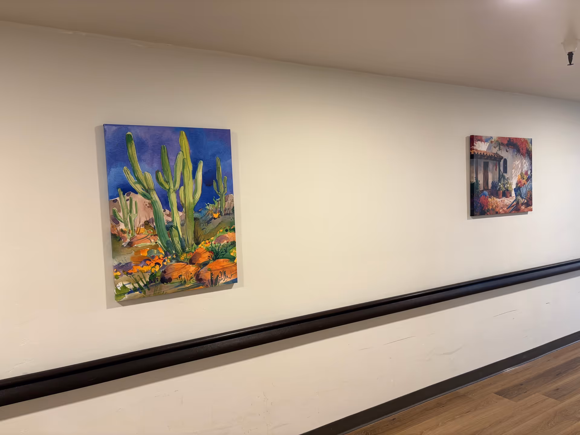 A white hallway with two framed paintings and a dark handrail along the wall.