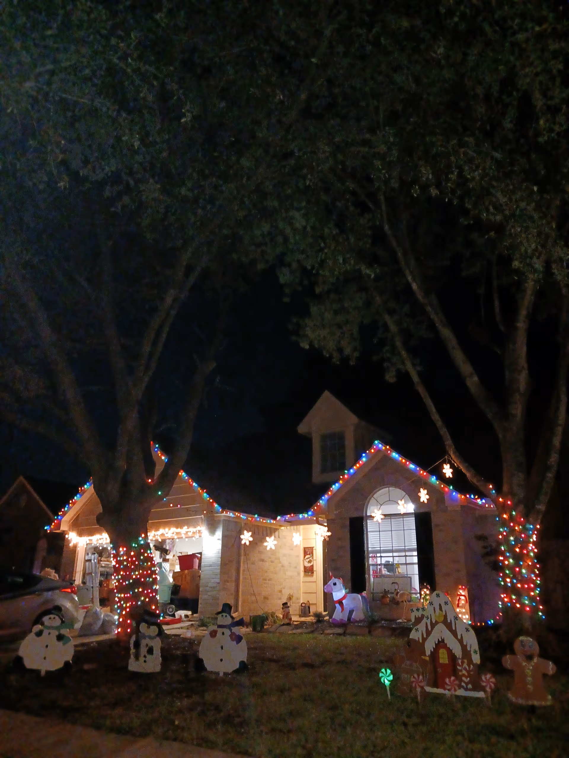 Night exterior of a house decorated with colorful Christmas lights and yard figures.