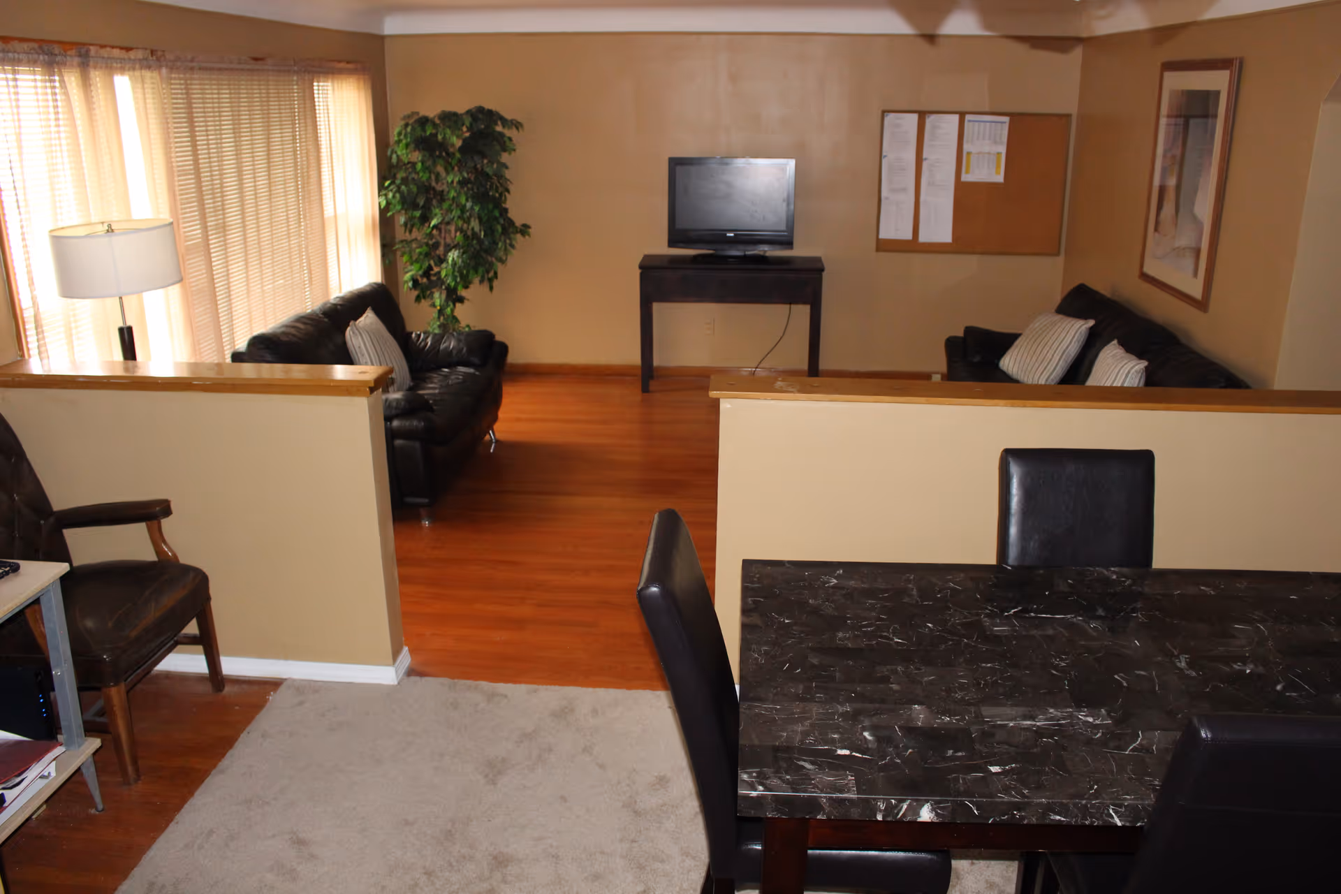 Interior view of a living area with a black leather sofa, a flat-screen TV on a stand, a potted plant, and a dining table with black chairs. The room has beige walls, wooden flooring, and a carpeted area near the dining table.