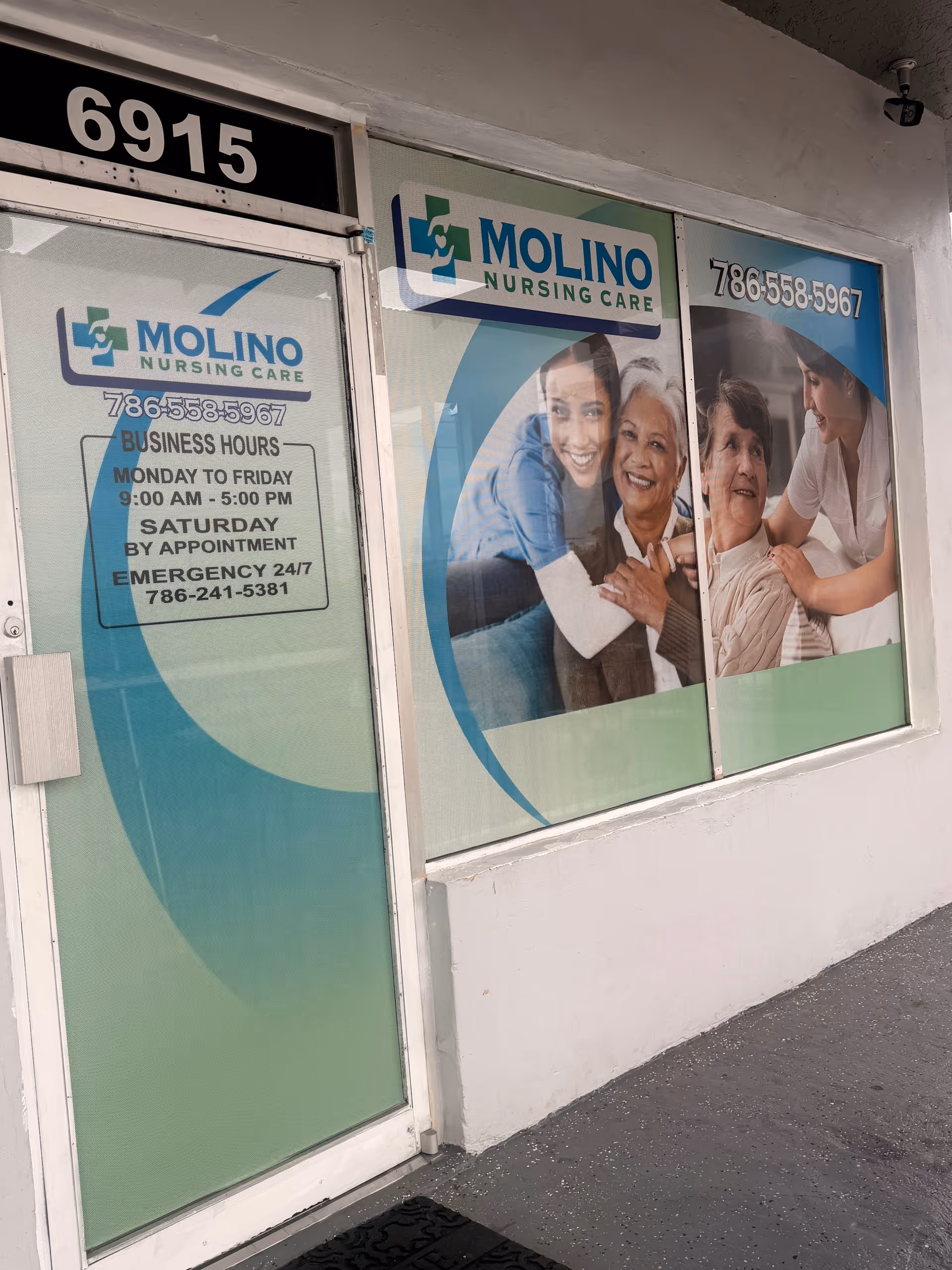Exterior storefront for Molino Nursing Care, showing signage and patient-graphic windows.