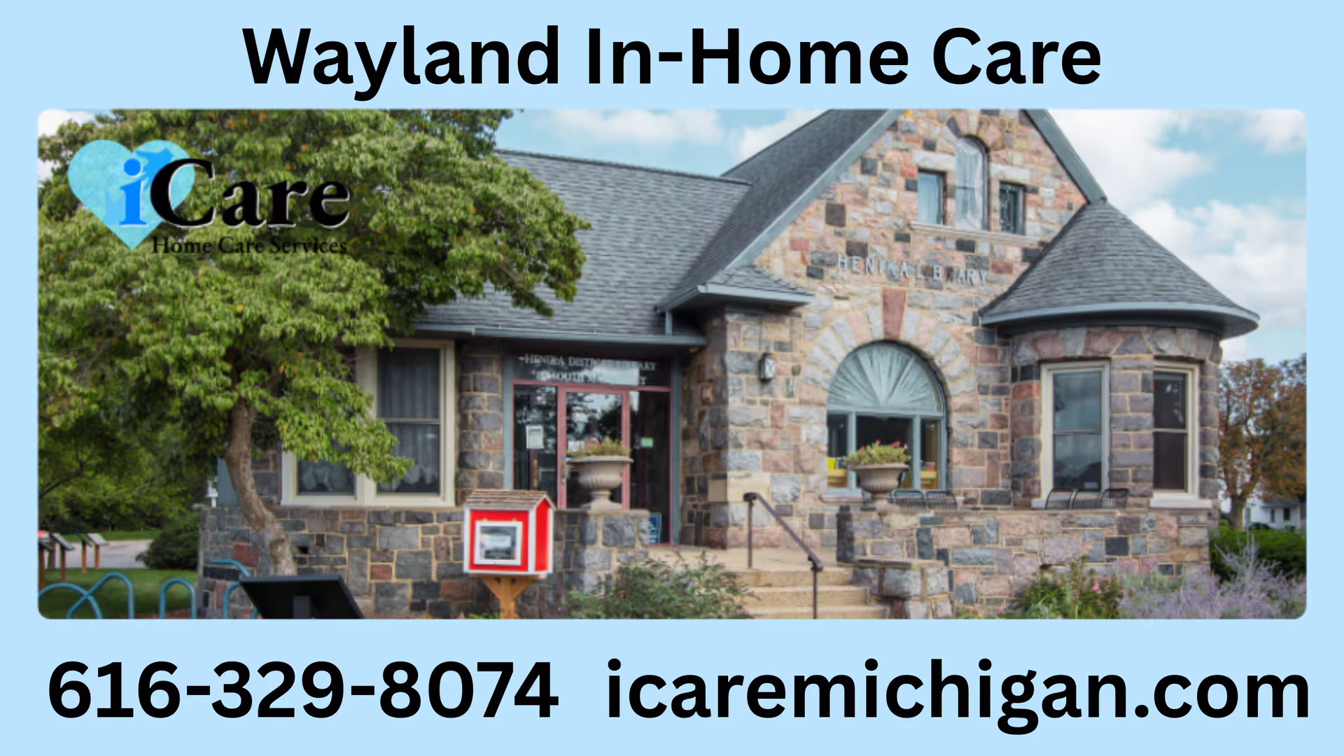 Exterior view of a stone building with iCare logo, entrance stairs, and contact details.