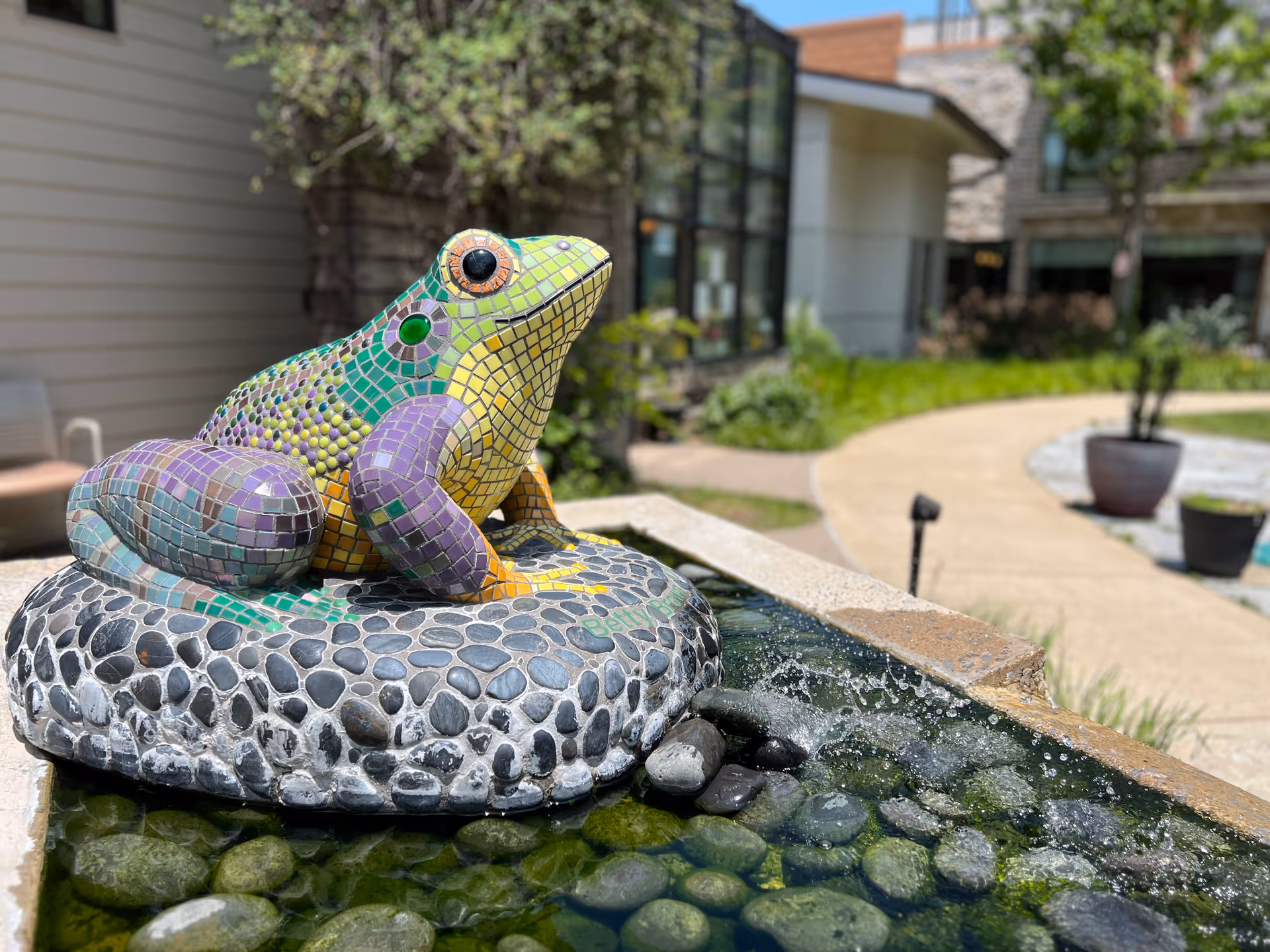 A colorful mosaic frog fountain rests on a stone pedestal in an outdoor courtyard.
