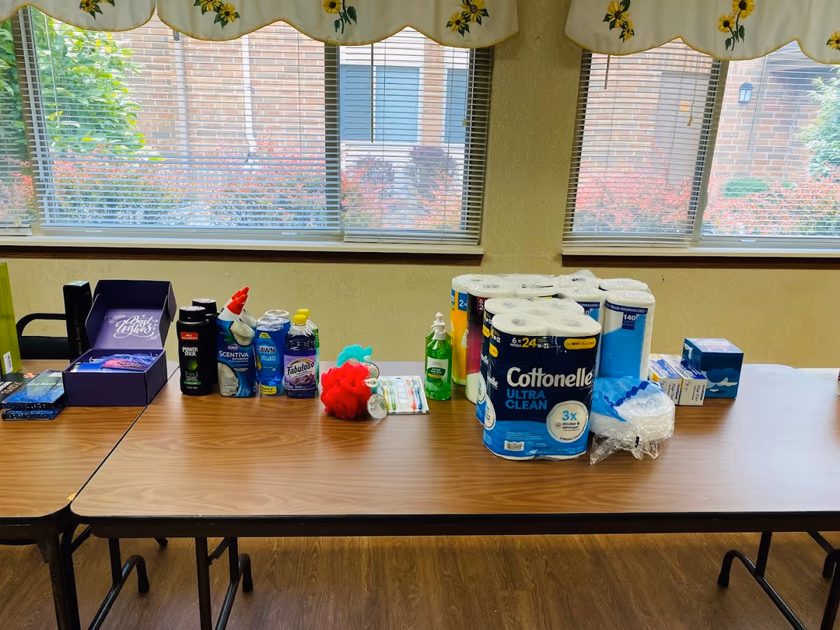 Indoor table filled with cleaning supplies and paper towels under a window in a sunny room.