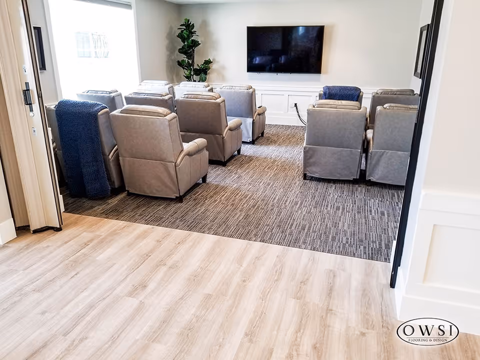 A small theater or media room with two rows of comfortable gray recliner chairs facing a wall-mounted flat screen TV. The room has a carpeted floor in the seating area and light wood flooring in the foreground. A tall green plant is placed in the corner near the window.