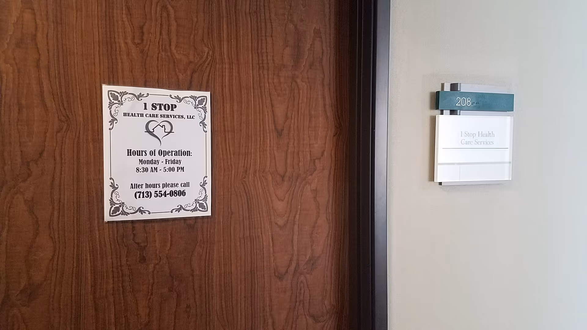 Door in hallway with ornate sign for 1 Stop Health Care Services.